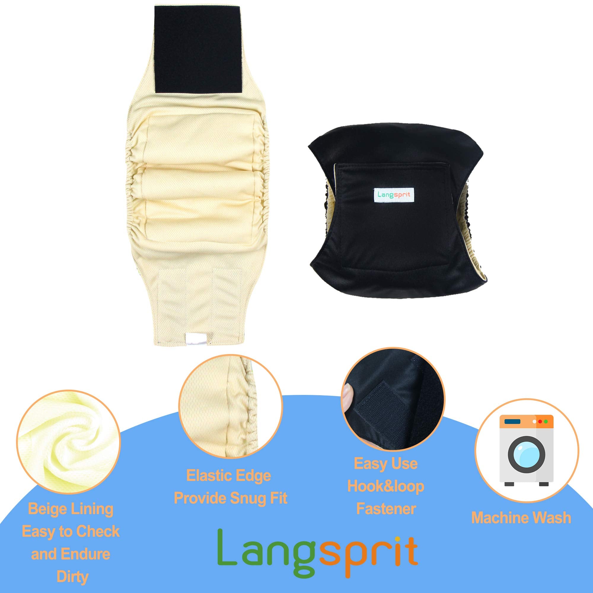 Langsprit Male Belly Bands for Dogs (Pack of 3) - High Absorbing Dog Wraps Male Washable - Reusable Male Dog Diapers (Black, X-L