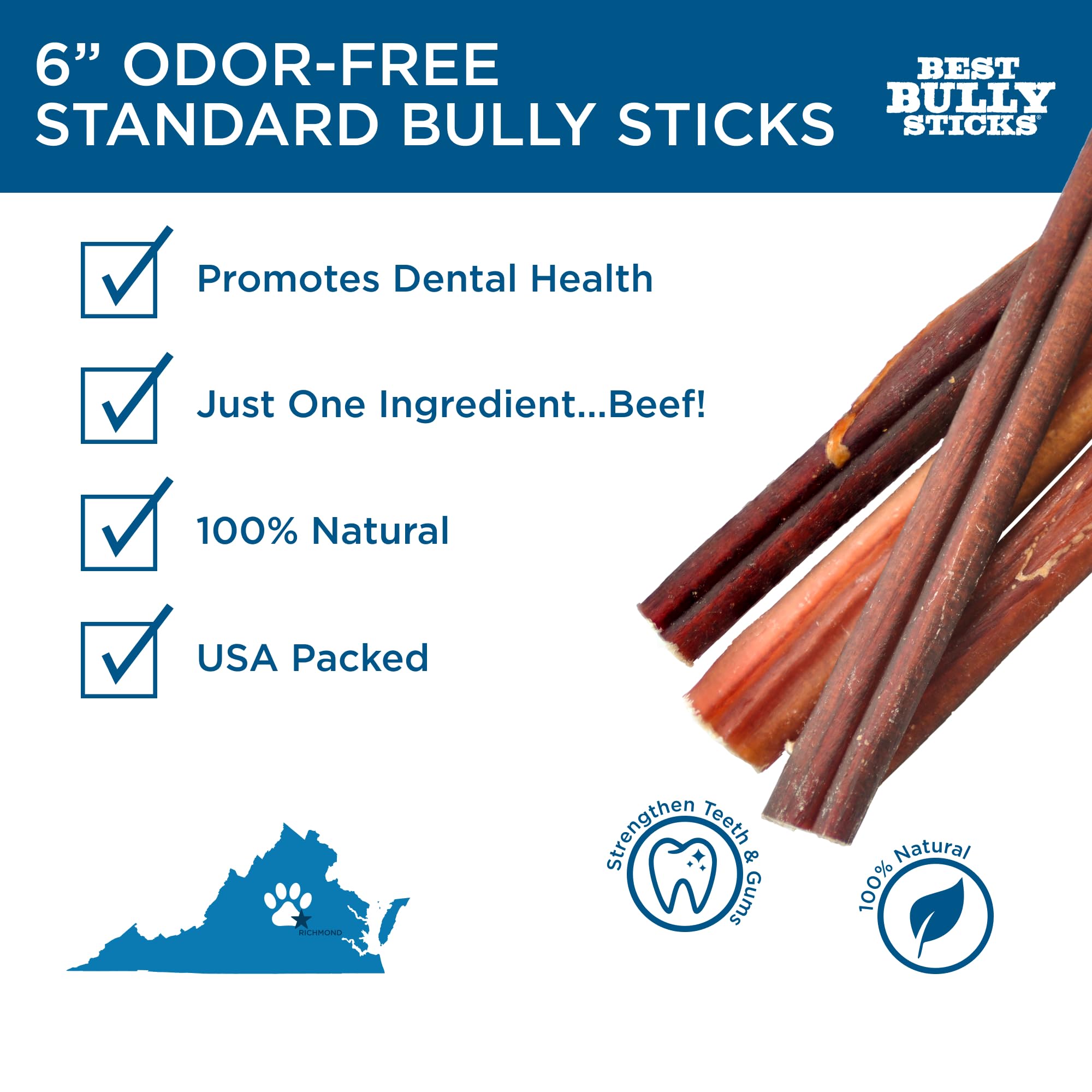 Best Bully Sticks 6 Inch Odor Free Bully Sticks for Dogs, 20 Pack, Bulk Bag 100% Natural, Grass-Fed Beef, Digestible Bully Bones