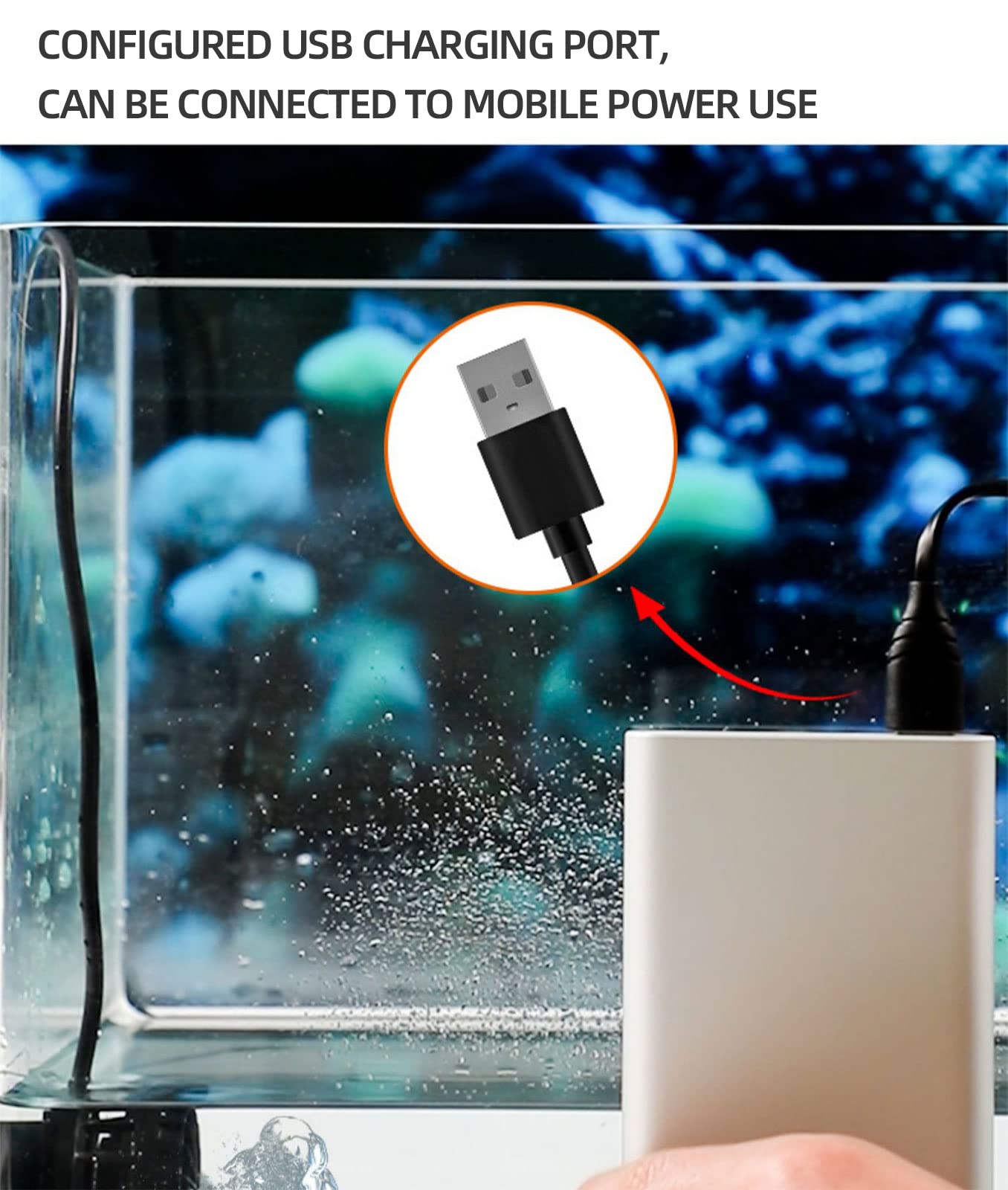 ZKSJ Mini Aquarium Pump 530GPH USB Wave Maker, 5W DC 5V, Stainless Steel, Black, For Tanks Up to 14 Inches, 5-20 Gallons
