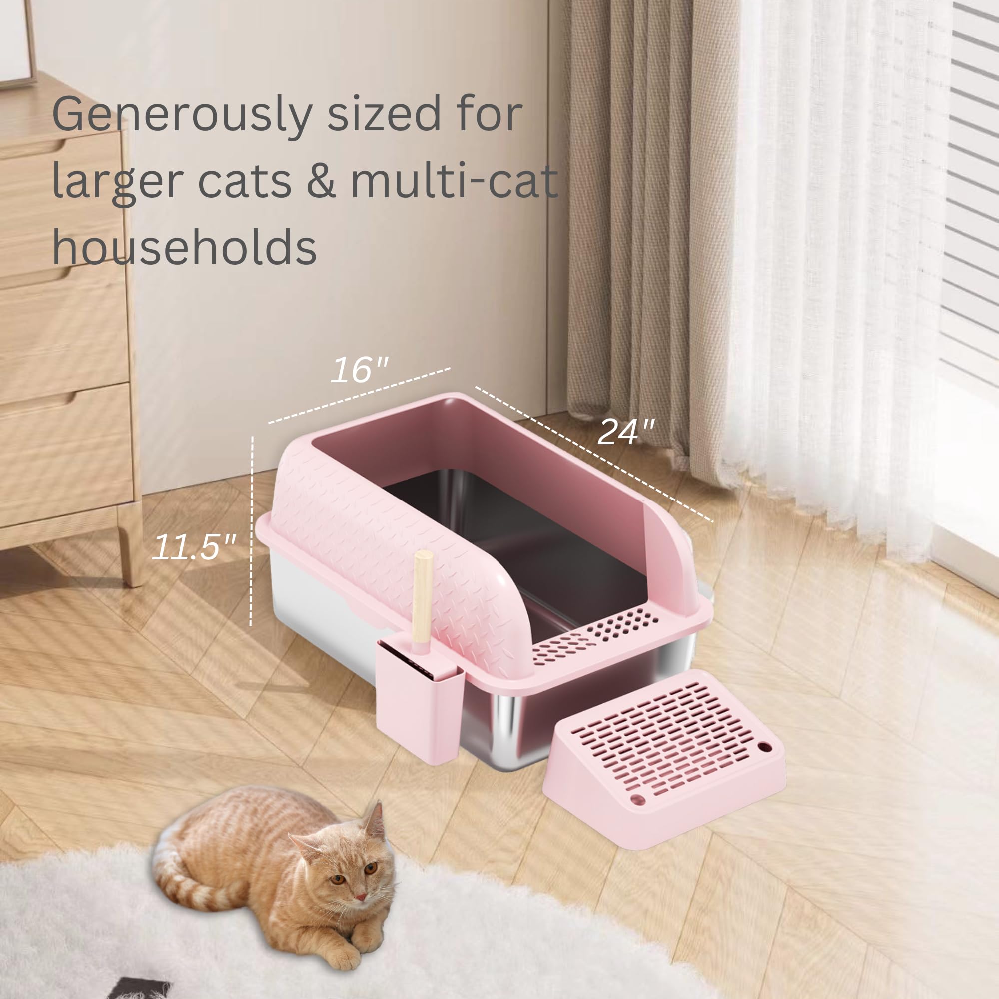 Pink Litter Box Extra Large Xl Stainless Steel. Cat Litter Box High Sided Covered Lid Enclosure Includes Litter Scoop With Holde