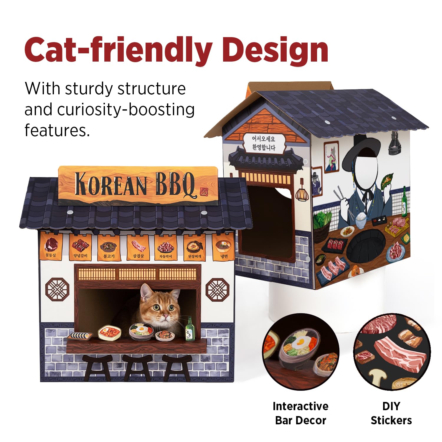 Smile Paws Cat Beds For Indoor Cats, Cardboard Cat House With Scratchers, Korean Bbq, Large Sturdy Cat Furniture Condo Cave Tent