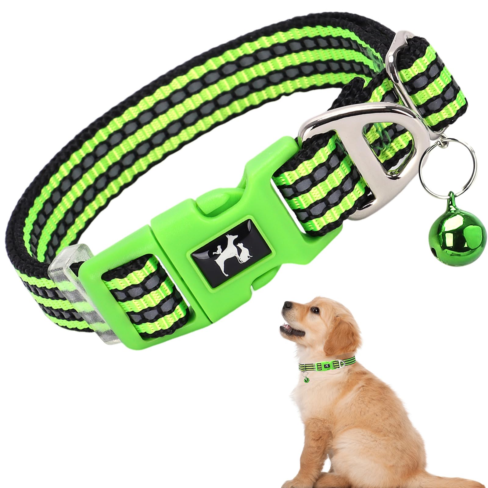 Xs/S Dog Collars With Bell - Reflective Nylon Adjustable Collar For Puppy High Visibility For Night Walks, For Puppies (Green Xs