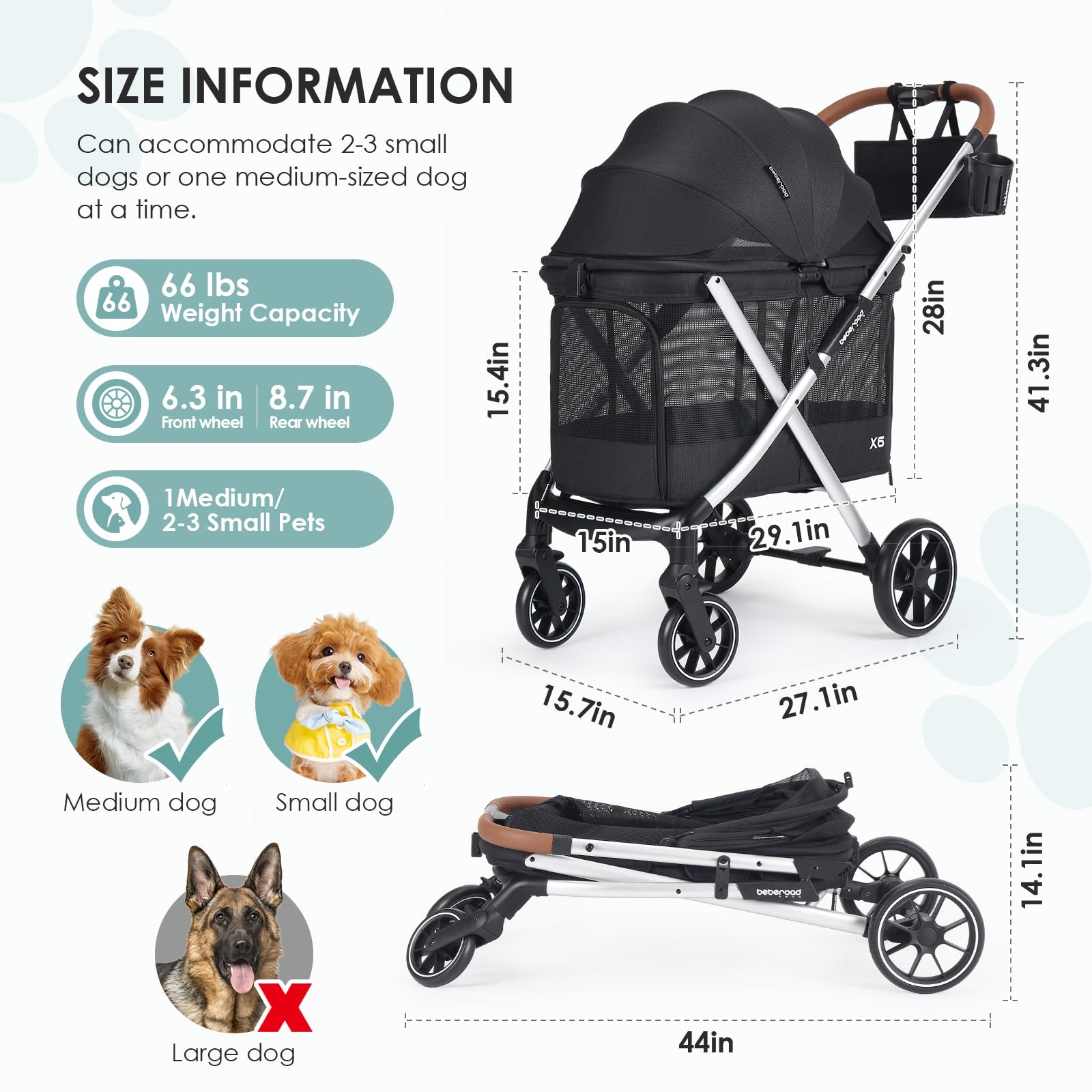 Beberoad Pets X6 Luxury Pet Stroller For Medium Dogs Up To 66 Lbs, One-Second Fold Design, 180 Canopy, 4-Wheel Shock Absorption