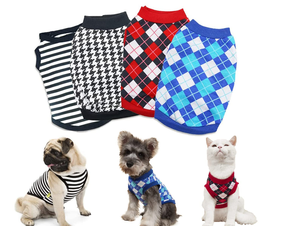 4 Pack Cat Shirts Extra Small Dog T Shirt Striped Dogs Clothes Plaid Dog Sweaters For Boy Houndstooth Printed Dog Tshirts Puppy T-Shirt For Small Dogs