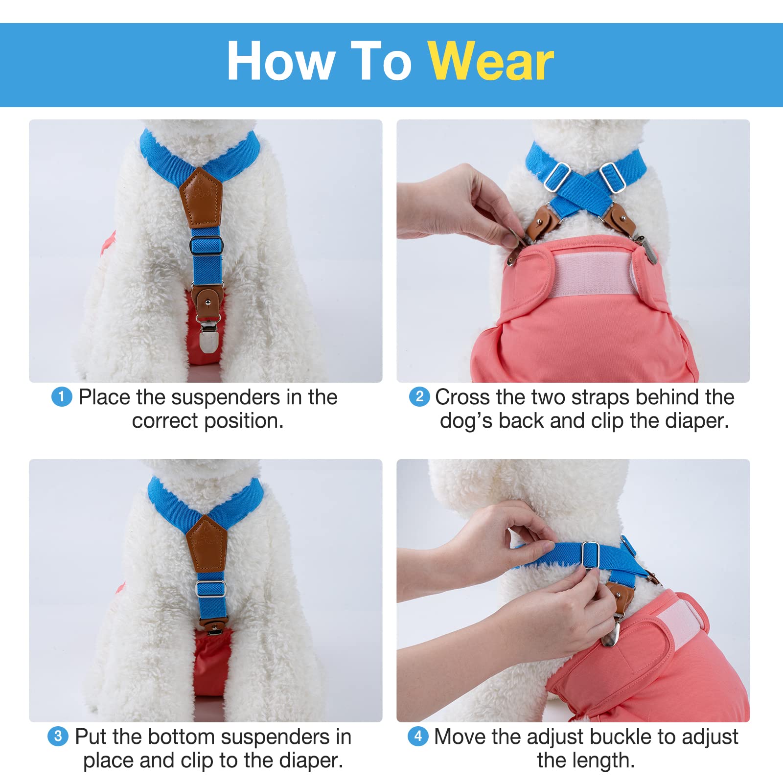 Pet Soft Dog Suspenders 2 Pieces Female Dog Diaper Suspenders For Dogs Diaper Keeper Suspender For Dog Skirt, Dog Dress(Gold & Blue, S/M)
