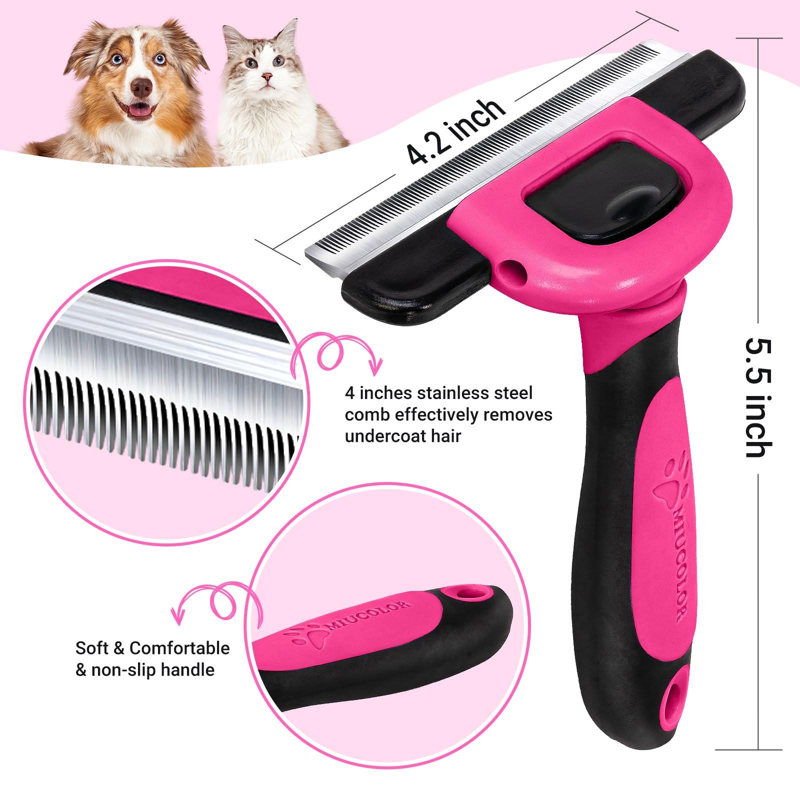 Miu Color Pet Grooming Brush, Deshedding Tool For Dogs & Cats, Effectively Reduces Shedding By Up To 95% For Short Medium And Long Pet Hair, Hot Pink