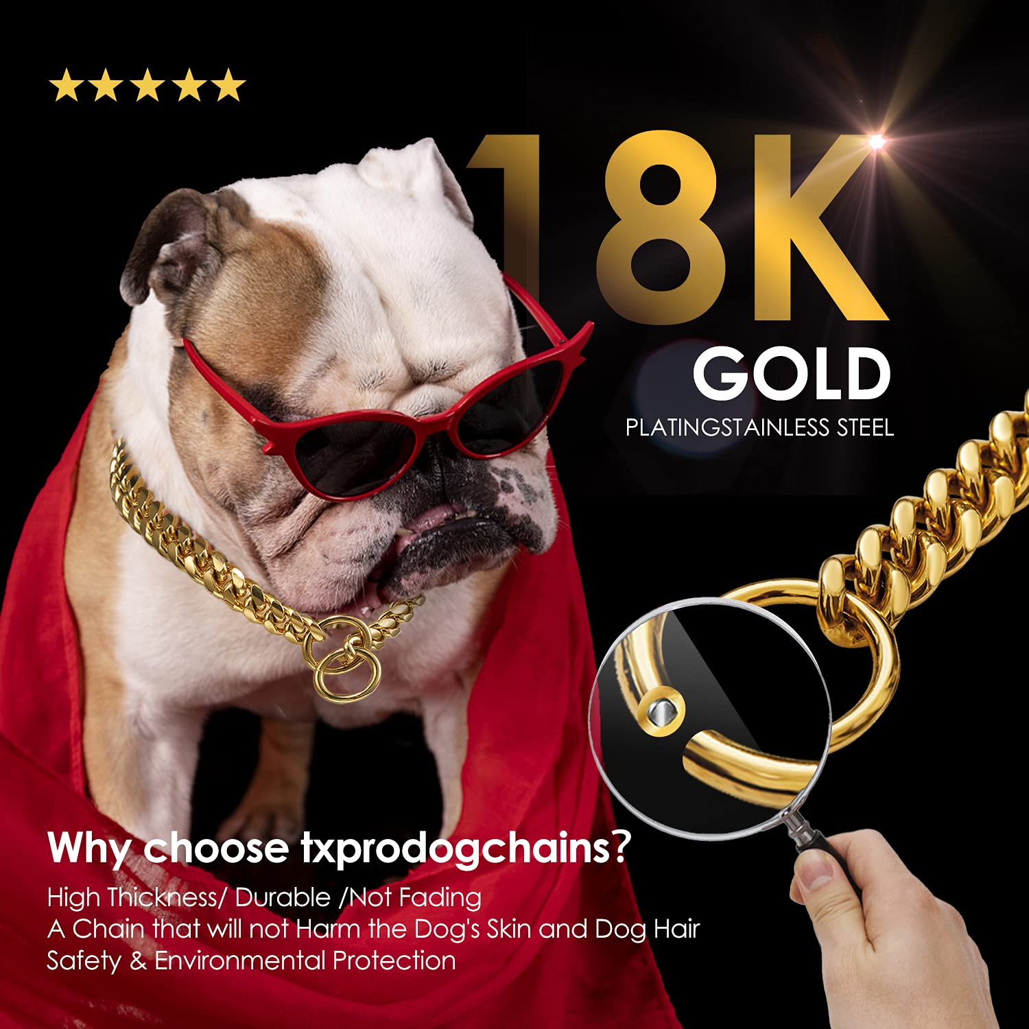 Txprodogchains 18K Gold Chain Dog Collar 10Mm Cuban Link Chain Stainless Steel Metal Links Walking Training Collar For Small Medium Large Dogs 10In To 24In, Rose Gold