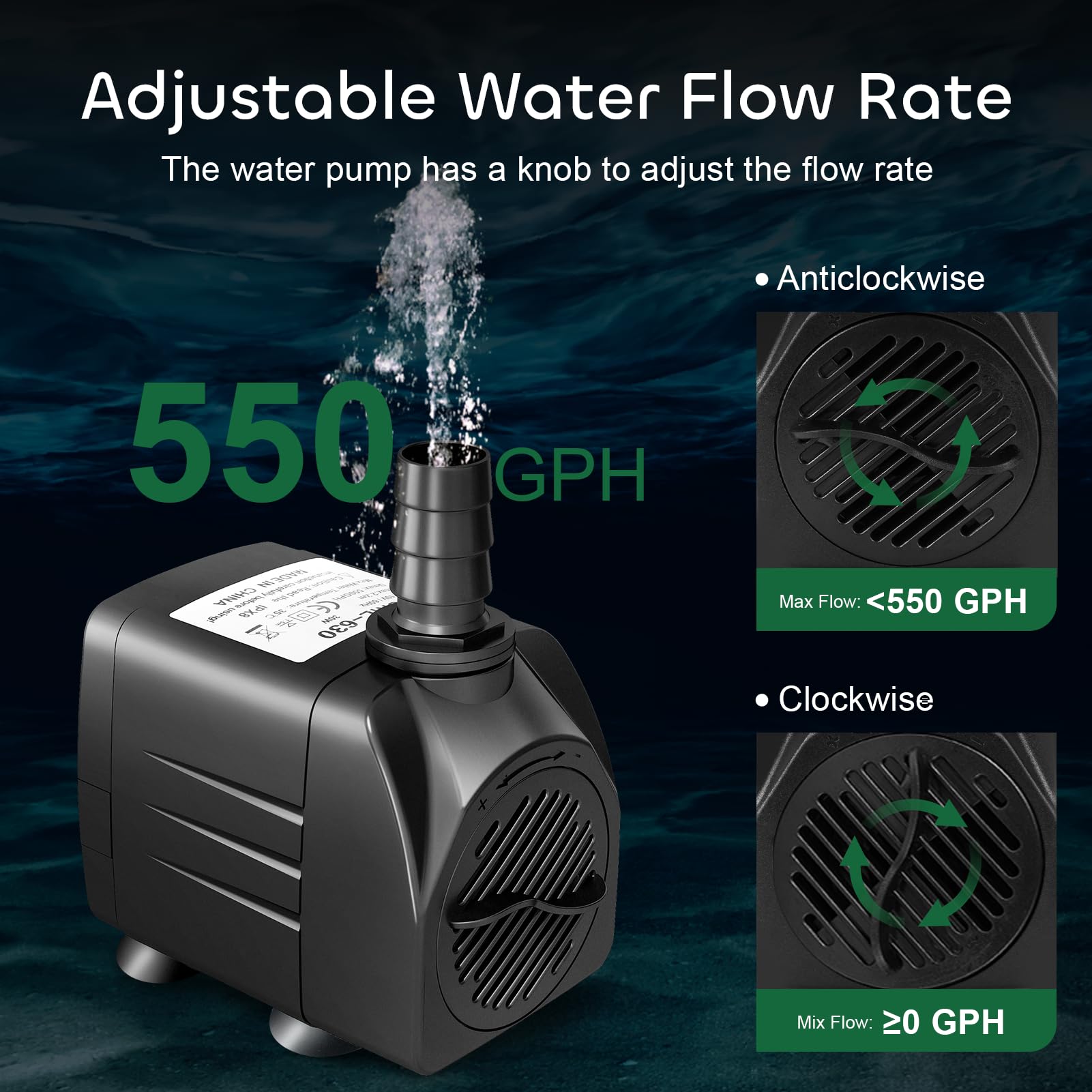 Growneer 550Gph Submersible Pump 30W Ultra Quiet Fountain Water Pump, 2000L/H, With 7.2Ft High Lift, 3 Nozzles For Aquarium, Fish Tank, Pond, Hydroponics, Statuary Black