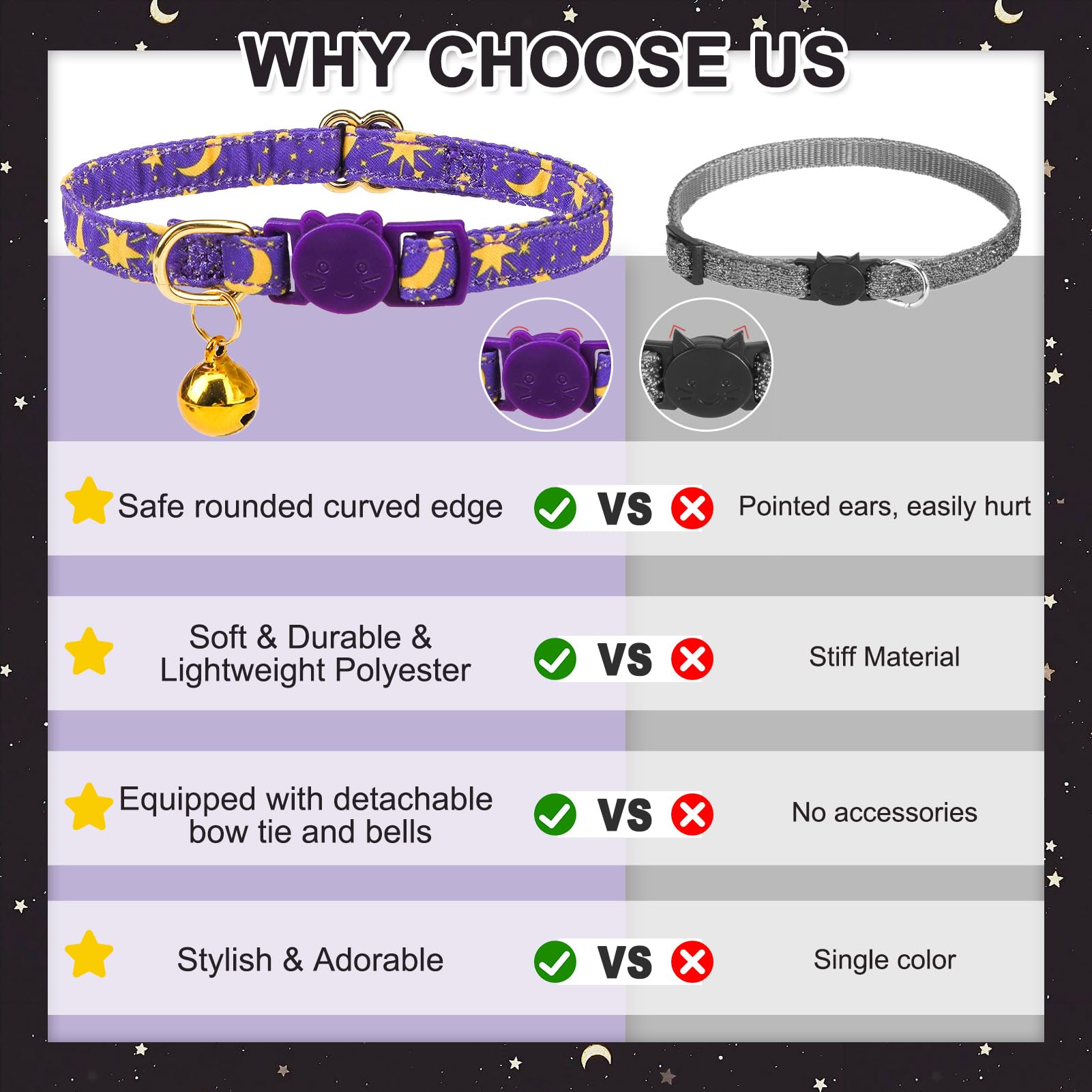 Expawlorer Breakaway Cat Collar With Bells- 2Pcs Adjustable With Bowtie For Girl Boy Kitten, Moon And Stars Pet Collar With Safe