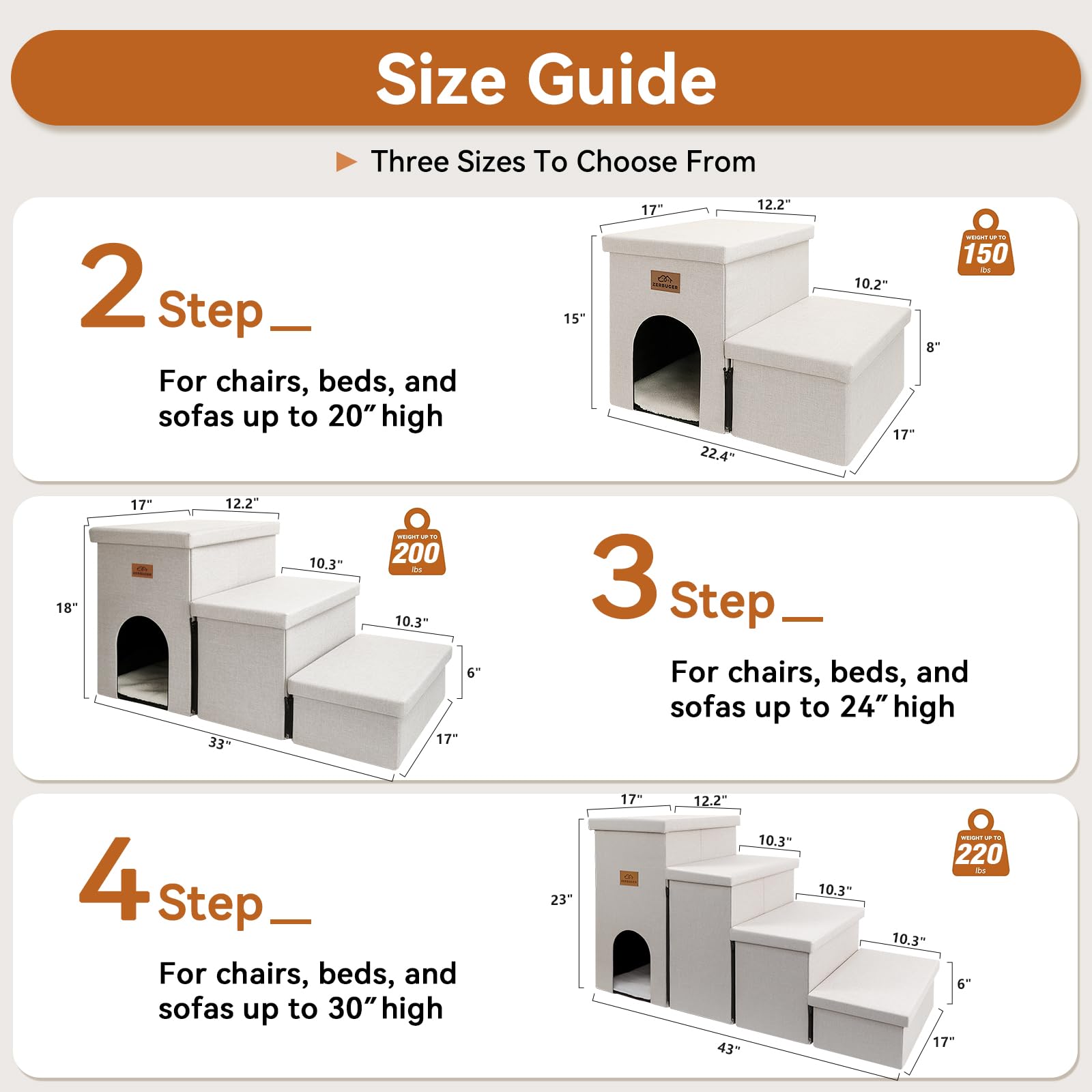 Zerbuger Dog Stairs with Condo 23  H, 4-Step Wider Folding Storage Pet Stairs Gift for Small/Medium/Large Old Dogs Cats, Dog Ste