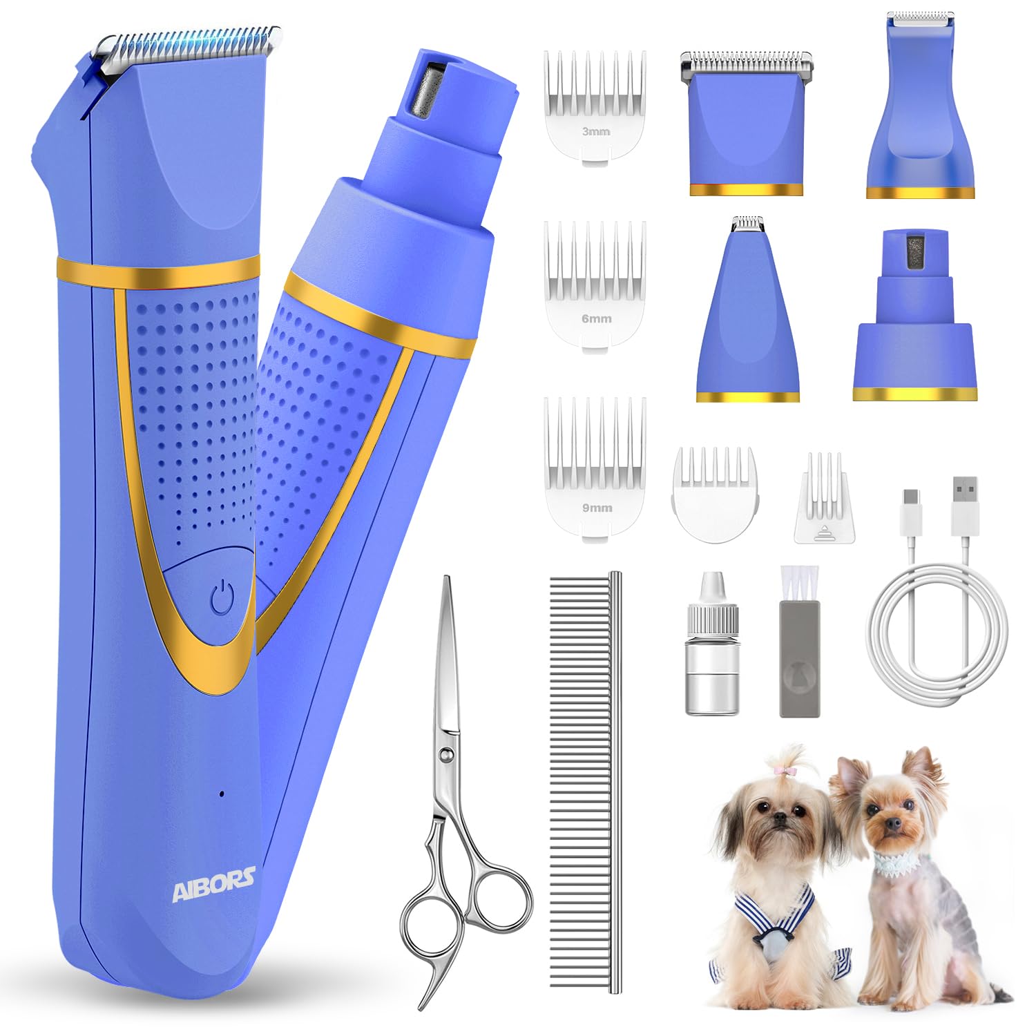 AIBORS Small Dog Grooming Kit, 4 in 1 Electric Cordless Dog Paw Trimmer with Nail Grinder, Low Noise Dogs Nail Trimmers, IPX7 Wa