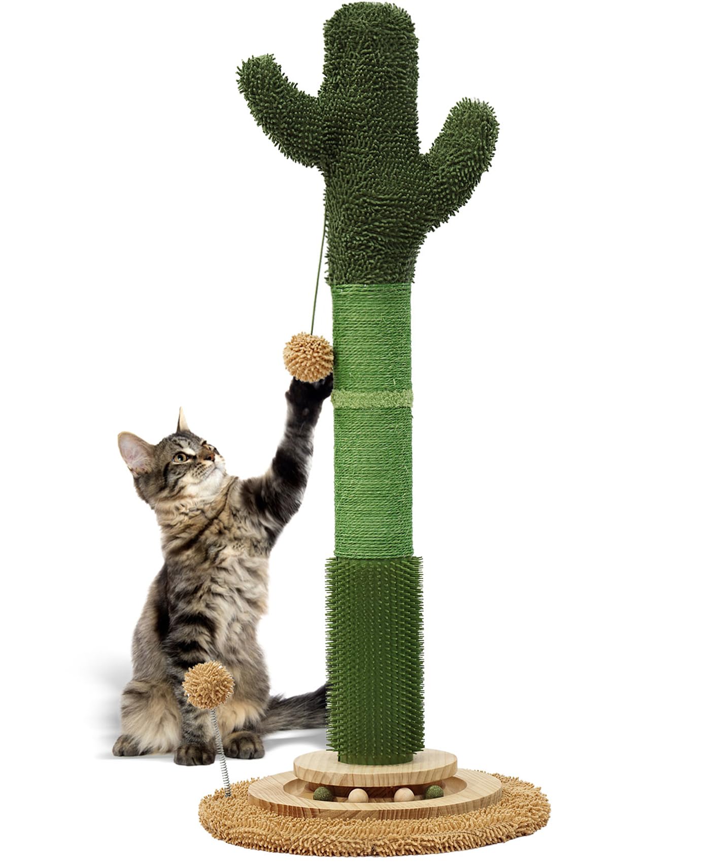 Otob 36' Tall Cat Cactus Scratching Post, Natural Sisal Rope Cat Scratcher Post, Vertical 6-In-1 Interactive Turntable Cat Scra