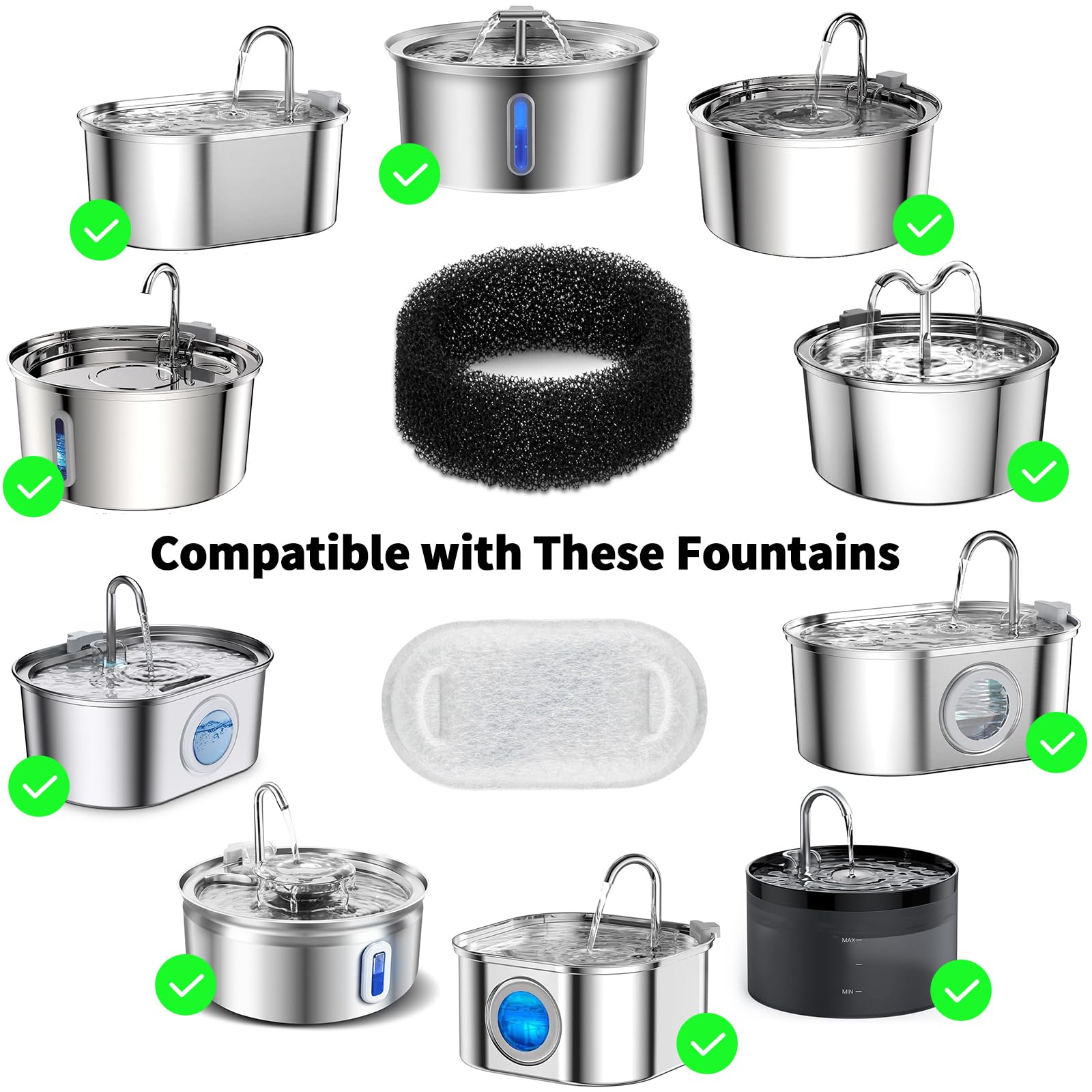 Wonder Creature Cat Water Fountain Filter 8 Pc For Stainless Steel Cat Fountain 2L/67Oz And 3.2L/108Oz, Carbon Filter Plus Sponge Foam Filter Pack (8)