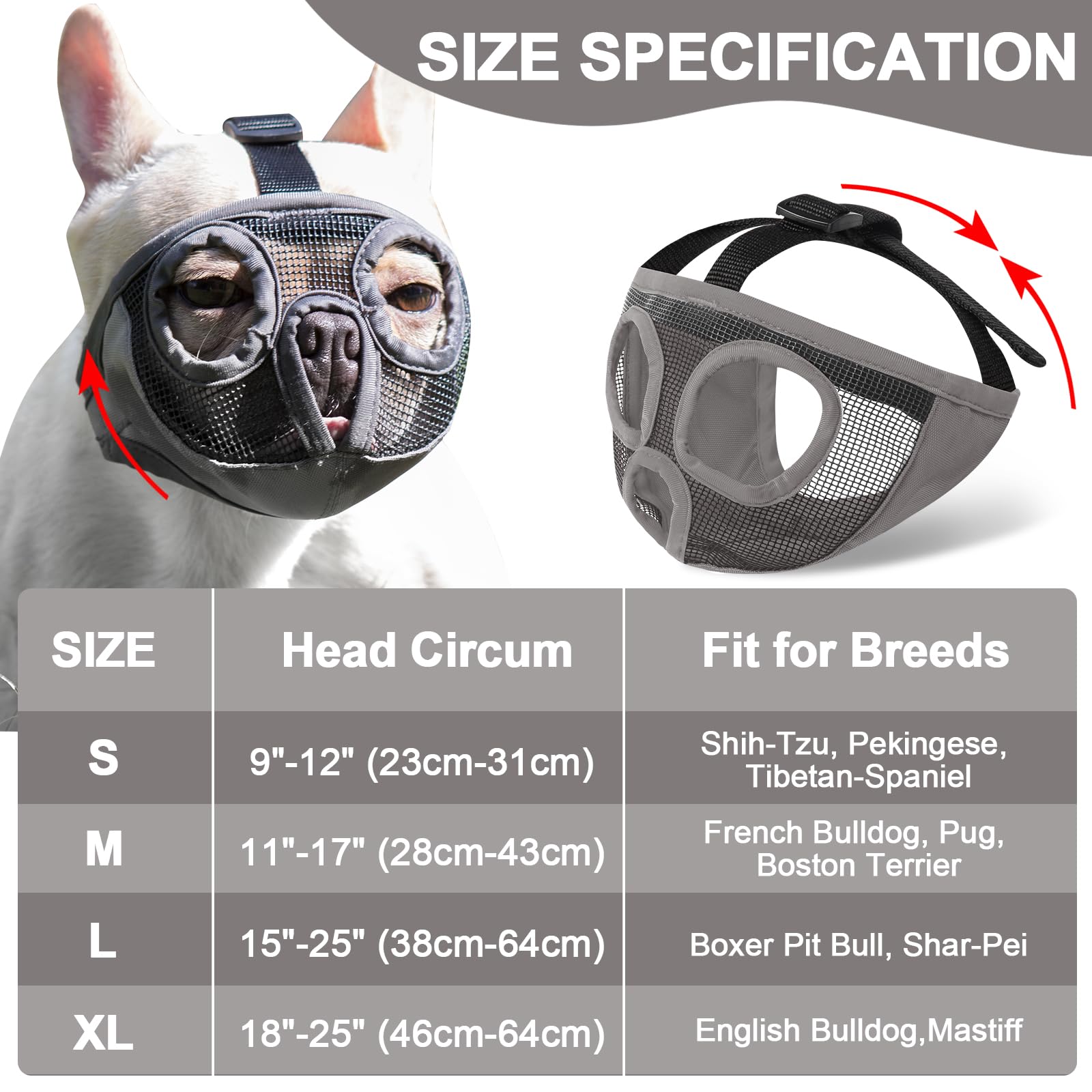 Short Snout Dog Muzzles- Bulldog Muzzle Breathable Mesh Dog Mask For Biting Chewing Training Licking Grooming (Gray, M(Head 11.1