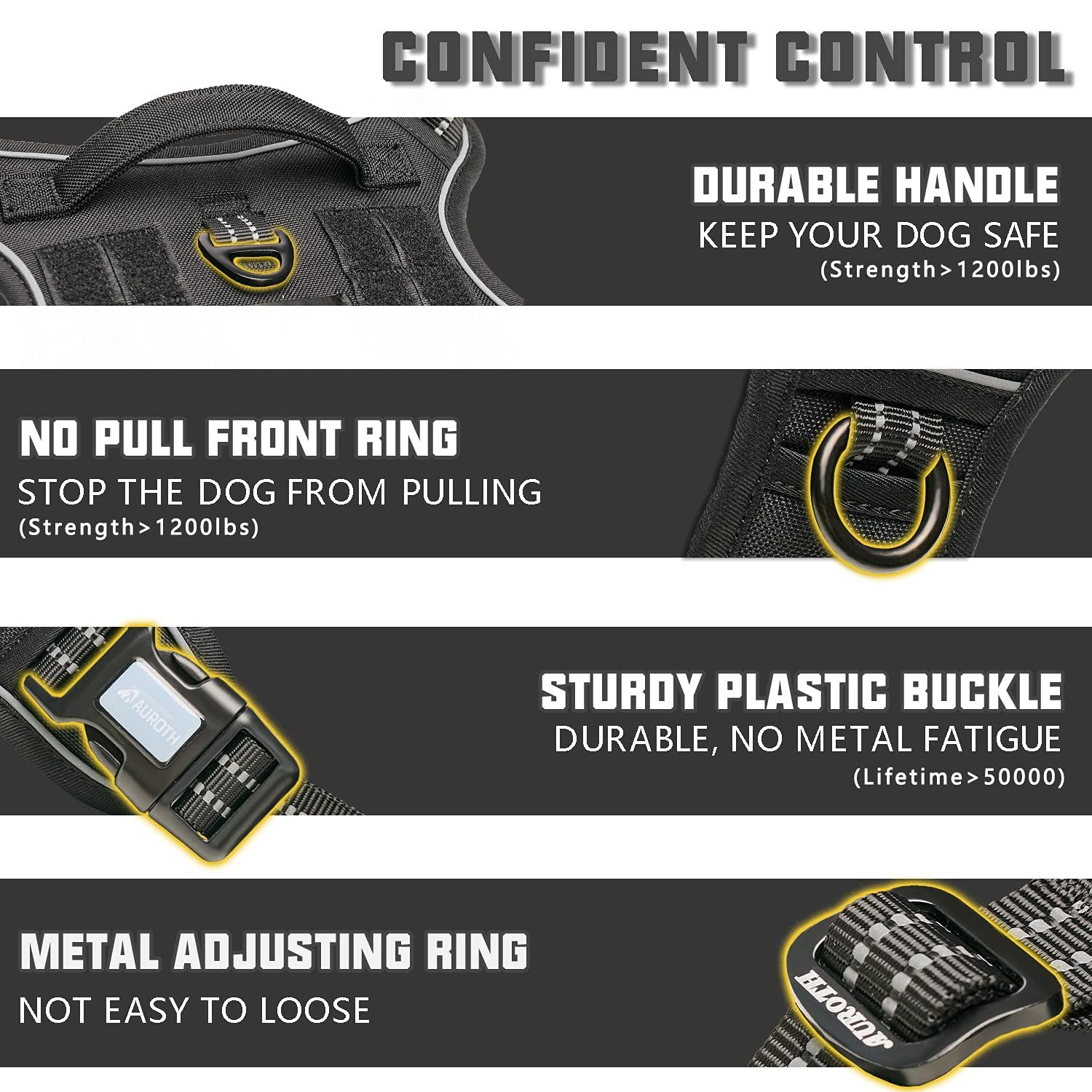 Auroth Tactical Harness For Small Medium Dogs No Pull Adjustable Pet Harness Reflective K9 Working Training Easy Control Vest Military Service Dog Harnesses Black M