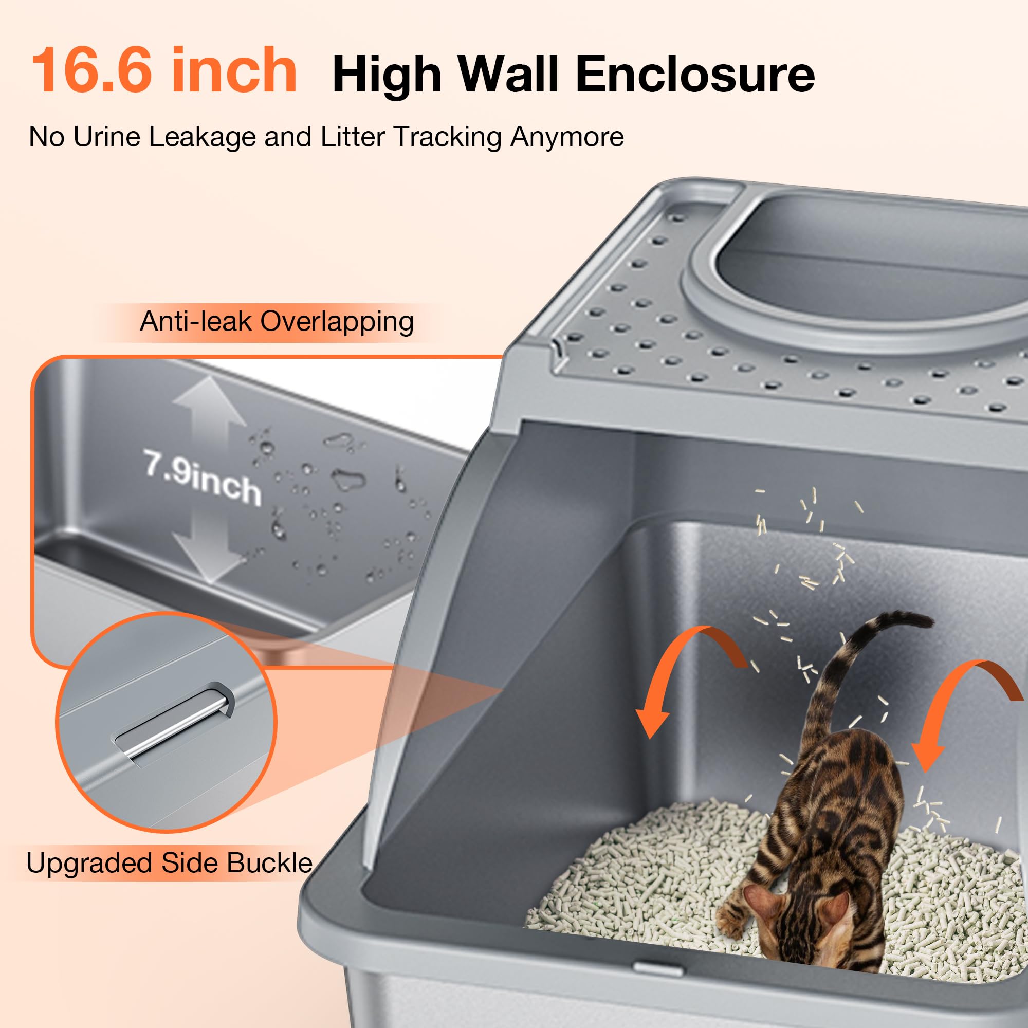 Rilvva Stainless Steel Litter Box, XXL Large Metal Covered Litter Boxes, Dual Entrance Detachable Cat Litter Box with Lid, 16.6
