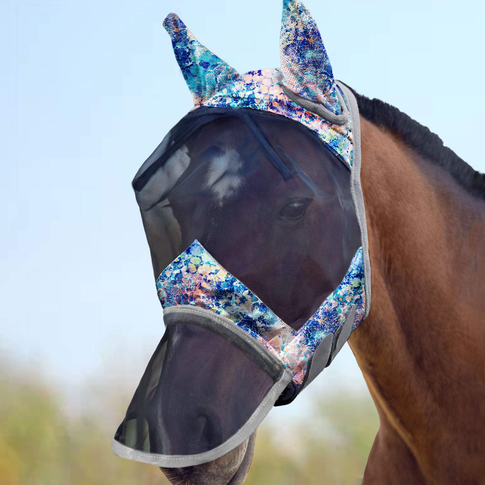Harrison Howard LumiVista Horse Fly Mask Long Nose with Ears UV Protection for Horse Pastel Mix M Cob