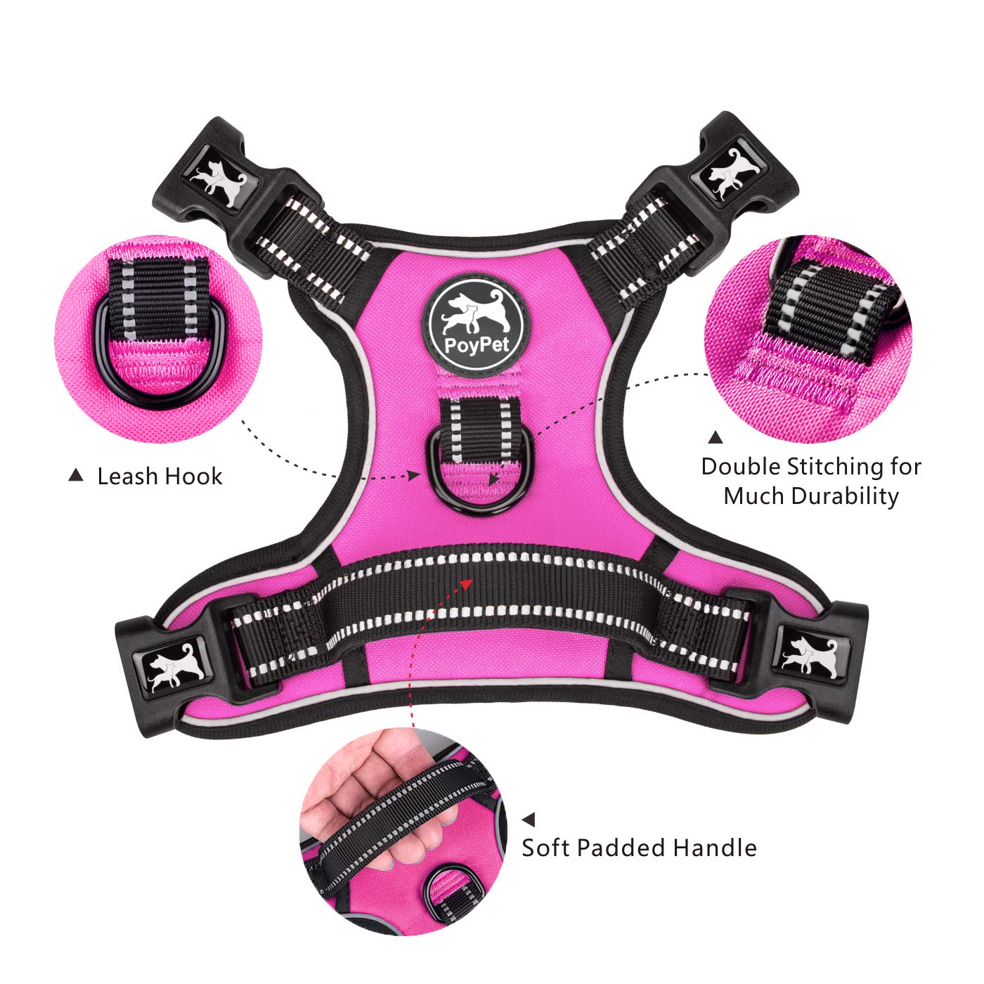 Poypet 2019 Upgraded No Pull Dog Harness With 4 Snap Buckles, Reflective With Front & Back 2 Leash Hooks And An Easy Control Handle [No Need Go Over Dog’S Head] (Pink,S)