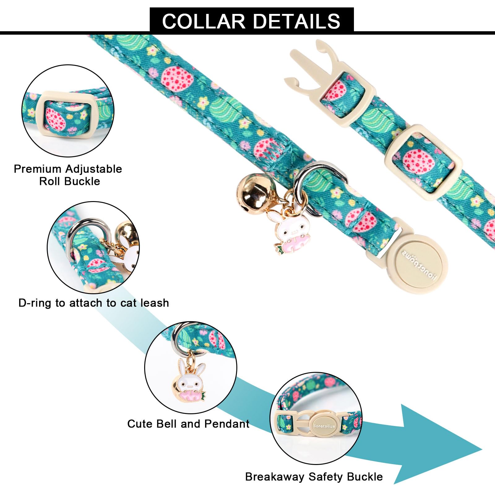 Lionet Paws 2Pcs Pack Easter Cotton Cat Collar,Breakaway Buckle With Rabbit And Floral Eggs Cute Adjustable Green Cat Kitten Col