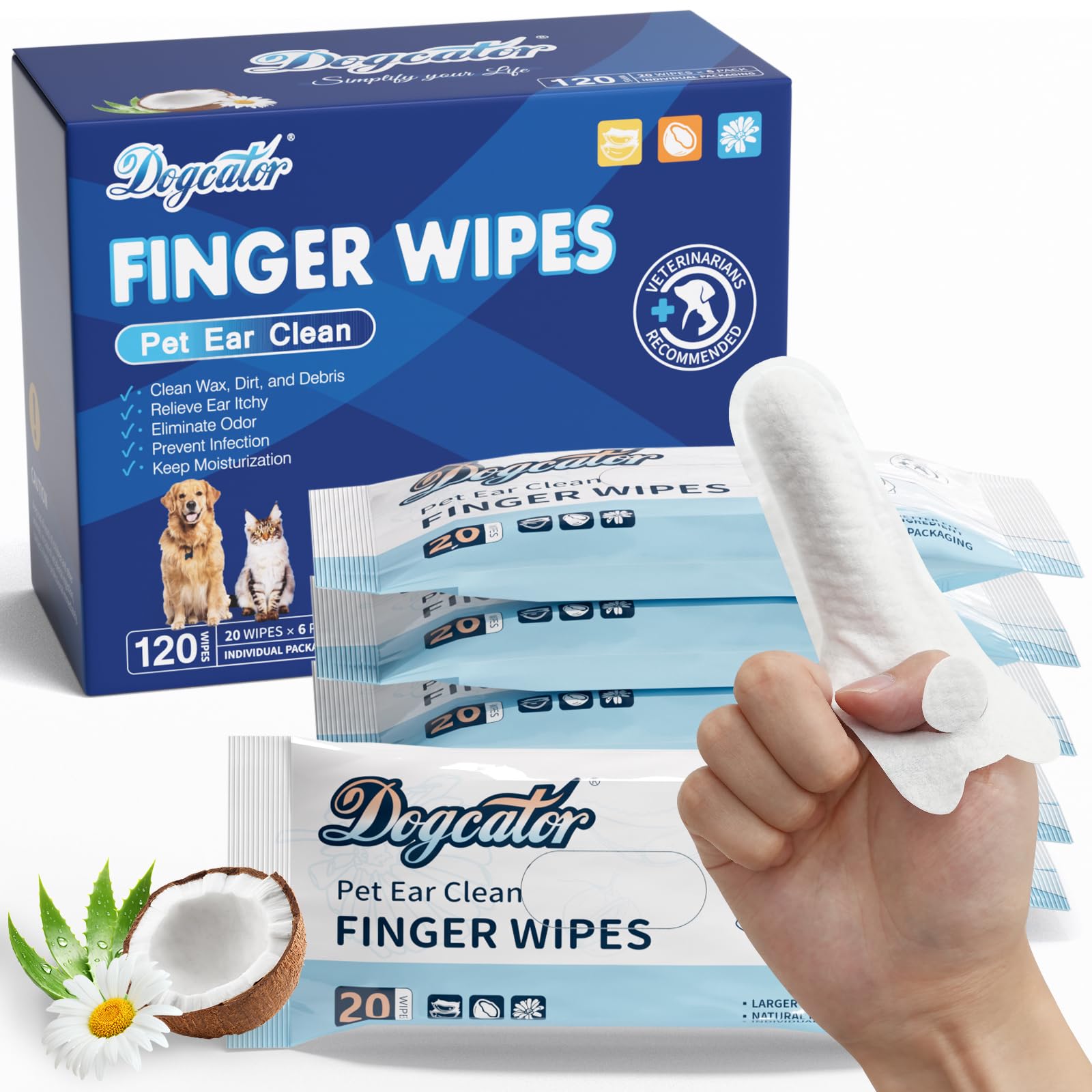 Dogcator Dog Finger Wipes, 120 Count Ear Cleaner For Dogs Cats Bathing Wipes, Pet Dental Clean Finger Wipes, Natural Puppy Eye W