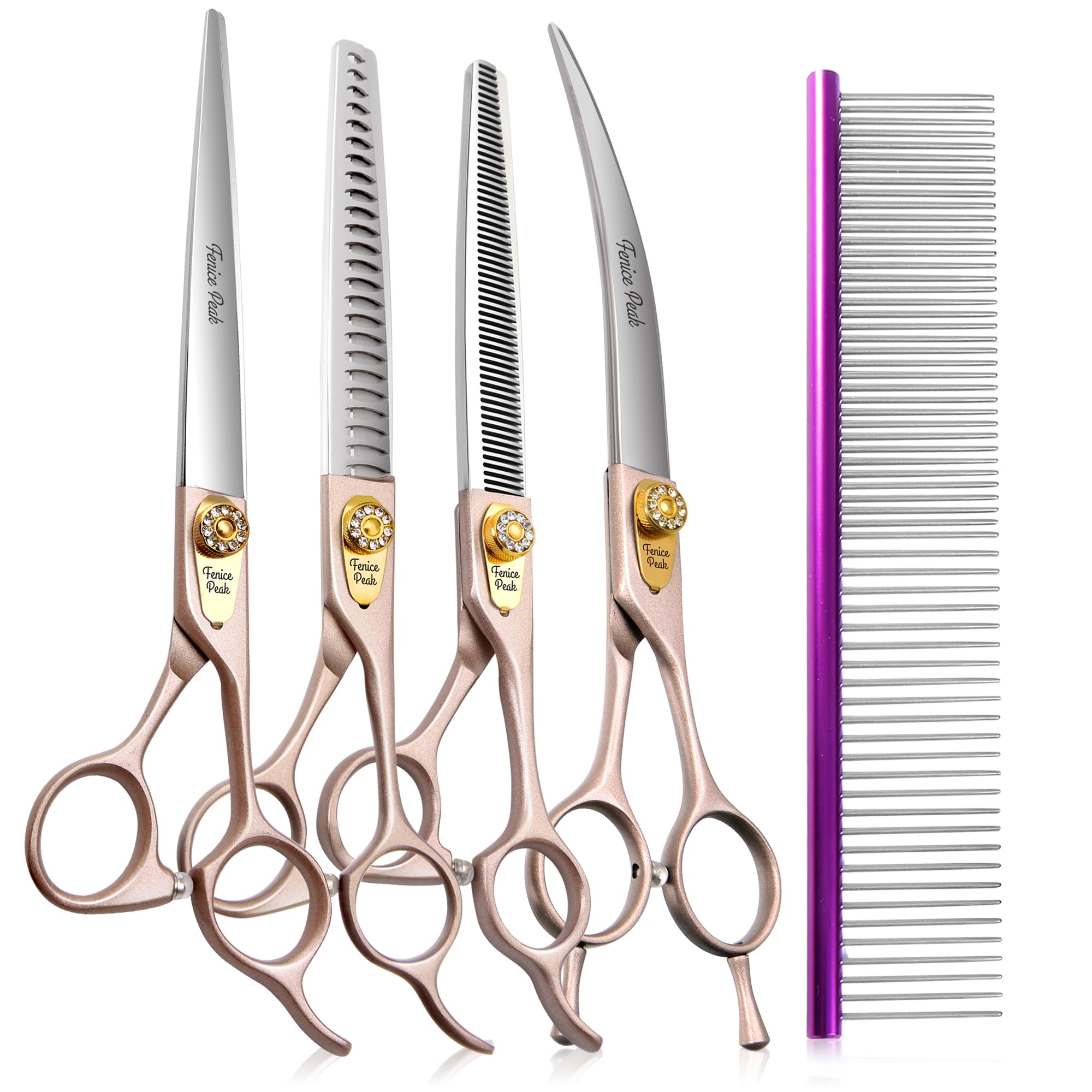 Fenice Peak 7 Professional Dog Grooming Scissors Set Rose Gold 440C Stainless Steel Straight Thinning Curved Chunker Shears 4Pcs