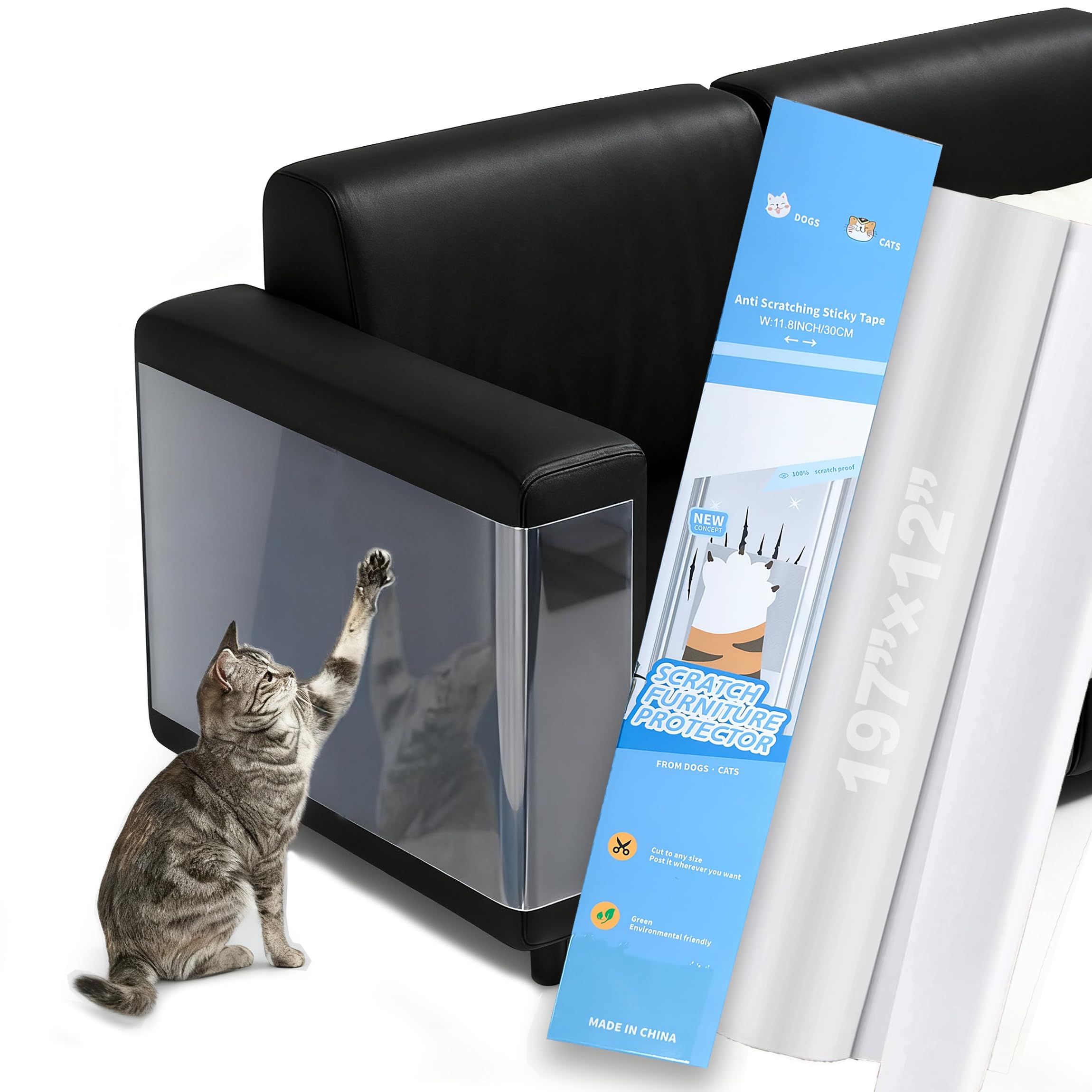 197x12 Self-Adhesive Cat Scratch Protector Tape, Anti-Claw Couch Furniture Guard for Sofa Beds Doors Tables Walls, Clear Pet Scr