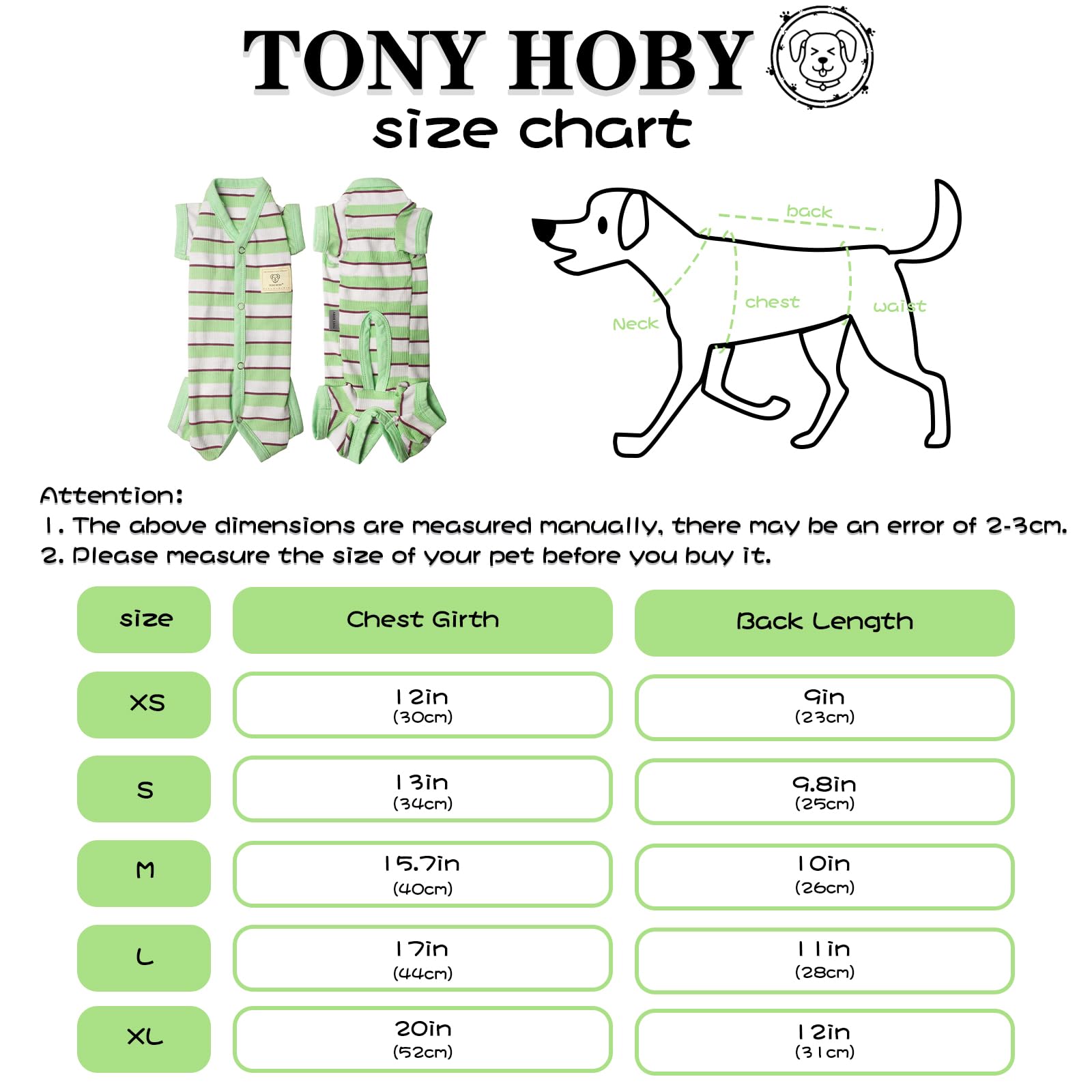 TONY HOBY Dog Pajamas - Male Dog Jumpsuit, X-Large, Cotton, Green&White Stripe, Model DC008406 for Small Medium Dogs