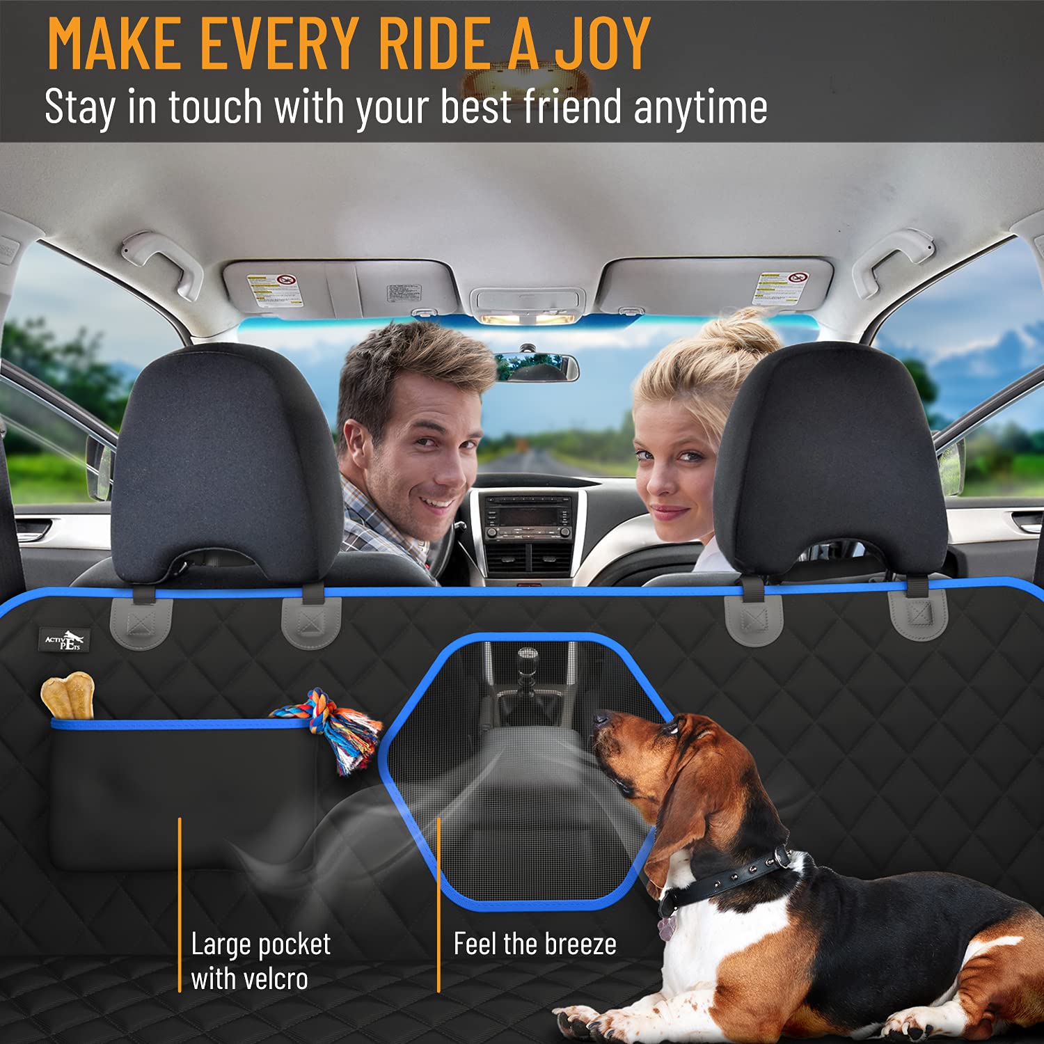 Active Pets Back Seat Cover for Dogs - XL Dog Hammock for Car w/ Mesh Window - Non-Slip, Waterproof Back Seat Protector for Trav