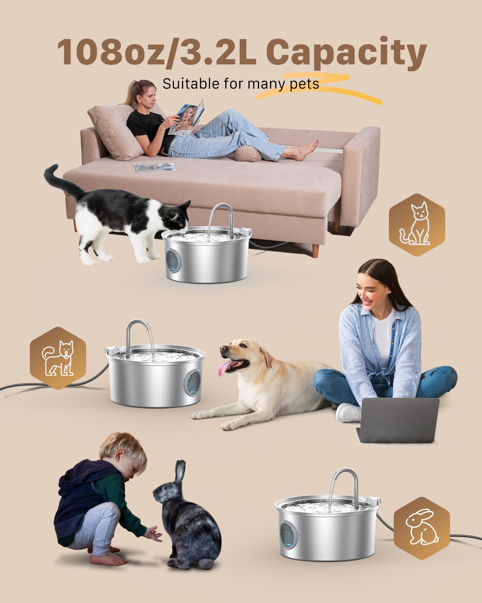 Cat Fountains for Drinking Stainless Steel: 108oz/3.2L Cat Water Fountain Led Light - Running Pet Water Fountain Filtered - GIOT