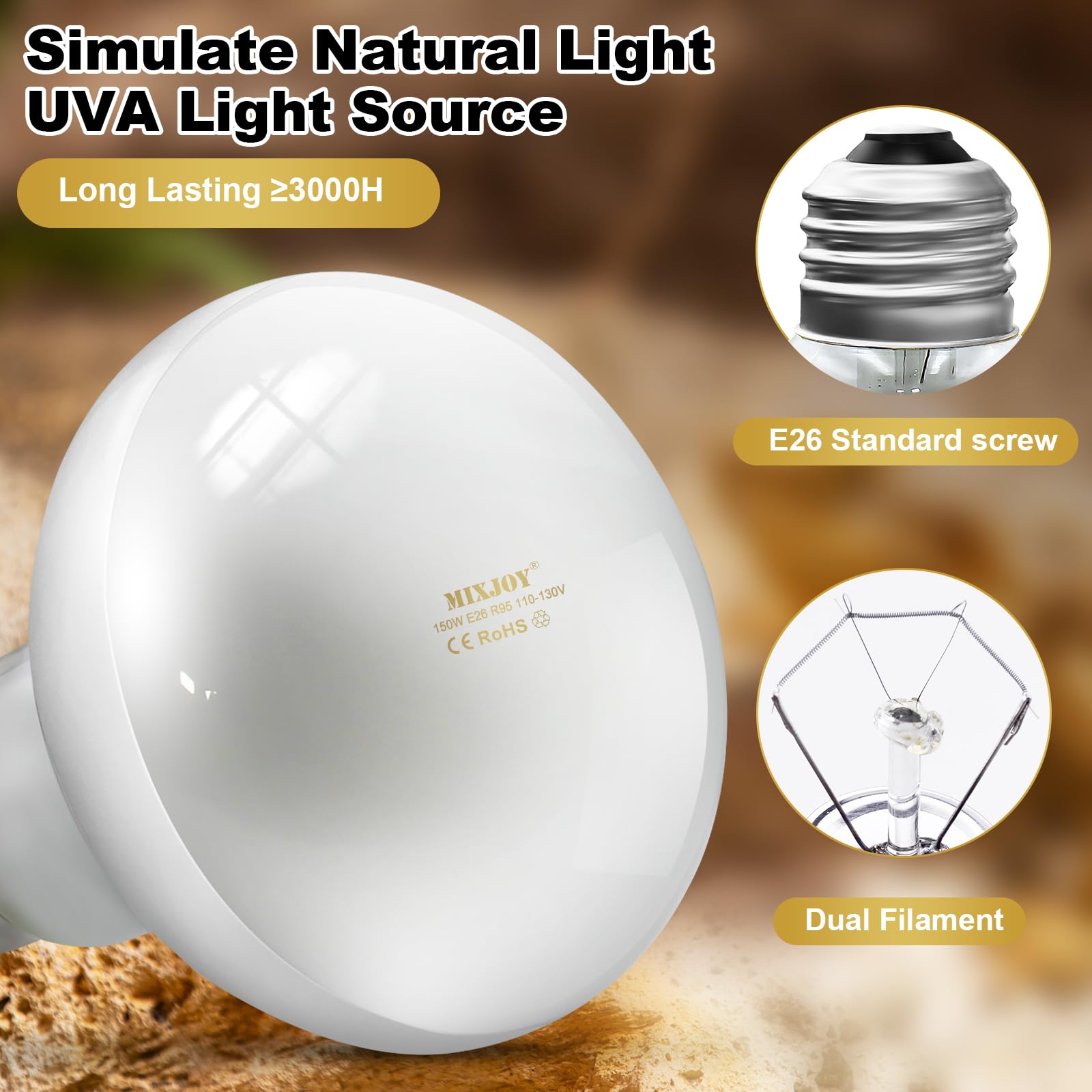 Mixjoy 4Pack Reptile Heat Lamp Bulbs, 100W Heat Lamp Bulbs For Reptiles Basking Bulbs Uva Daylight Basking Light Amphibians Heat