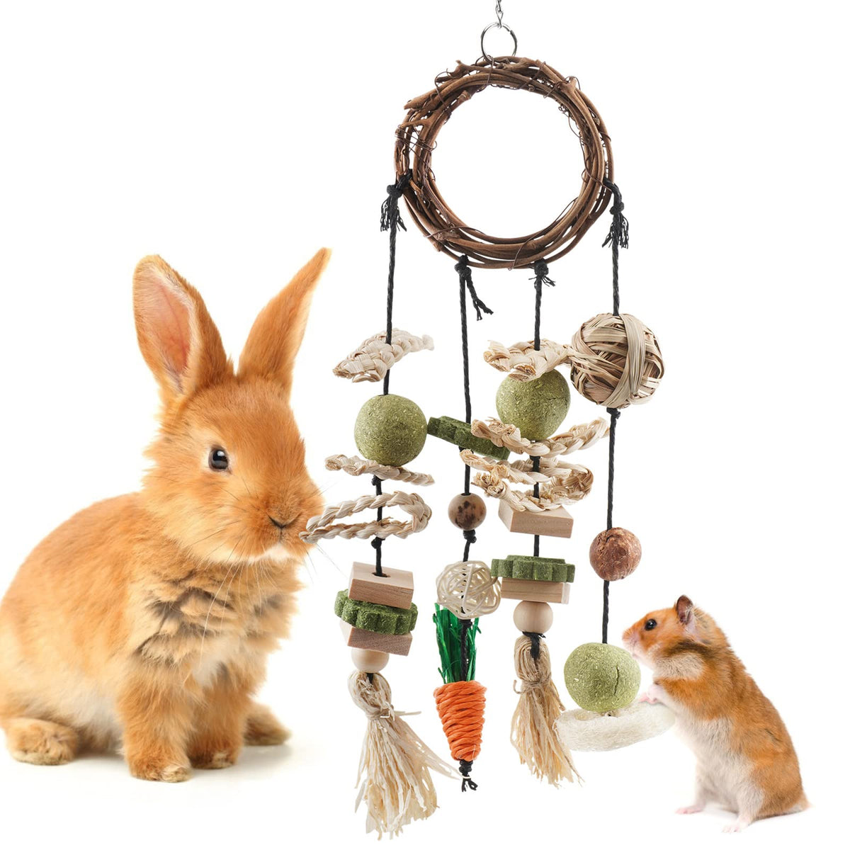 Bissap Bunny Chew Toy, Rabbits Cage Hanging Chew Toys And Treats Rattan Ring With Snacks For Guinea Pigs Chinchillas Hamsters Rats And Other Small Pets Teeth Grinding