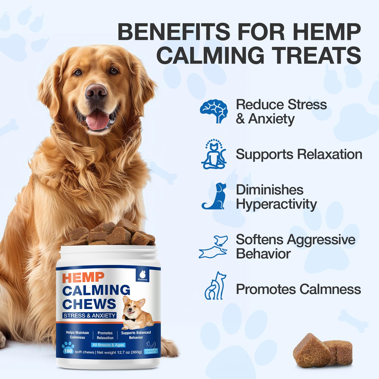 MaxHemp Calming Chews for Dogs - 180 Soft Treats for Anxiety Relief, Stress & Joint Support - Model MXDCC180 - Blue