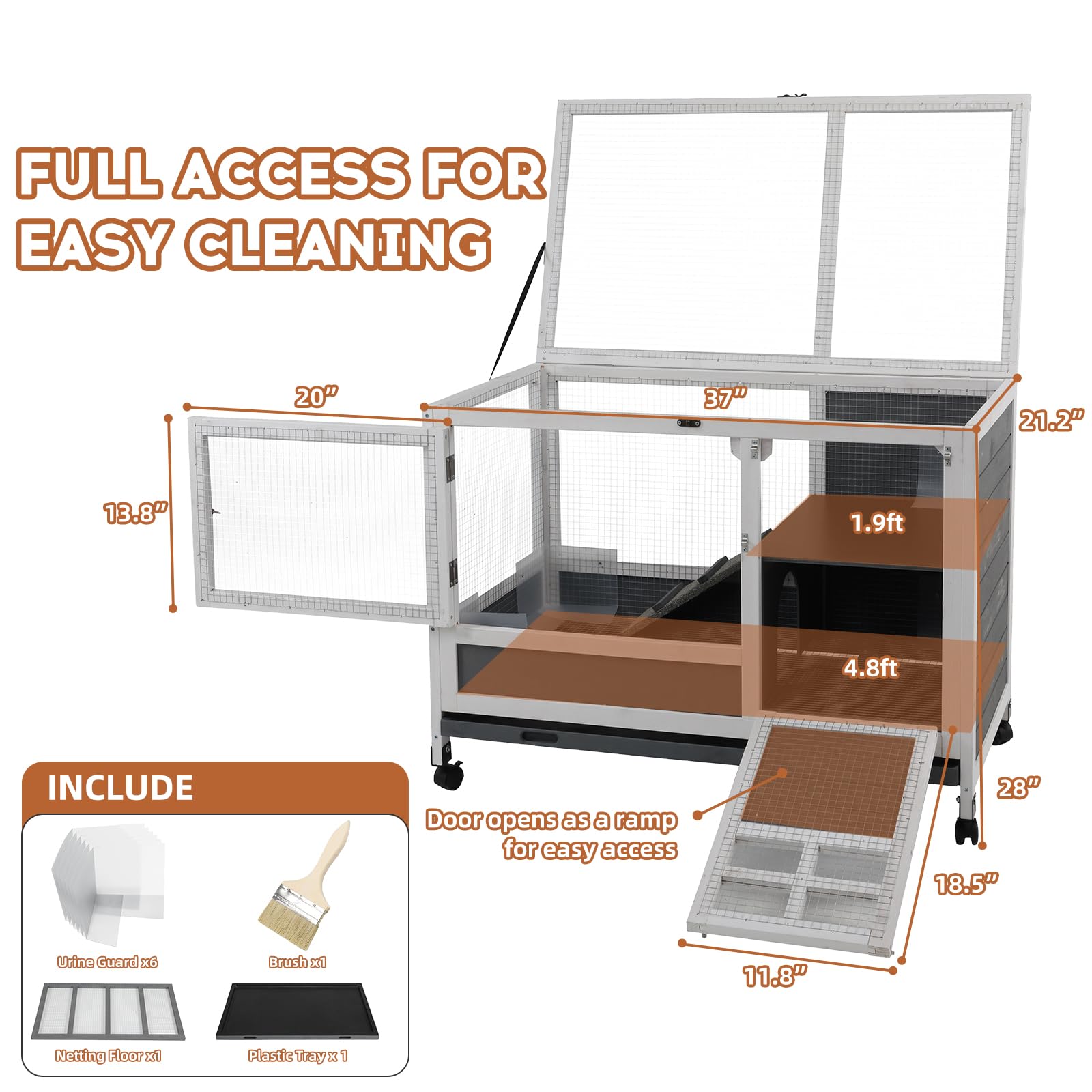 Aniwupaws Rabbit Hutch Indoor With Urine Guards/Netting Floor, Rabbit Cage On Wheels/Chew Proof/Tray, Guinea Pig Cages With Door