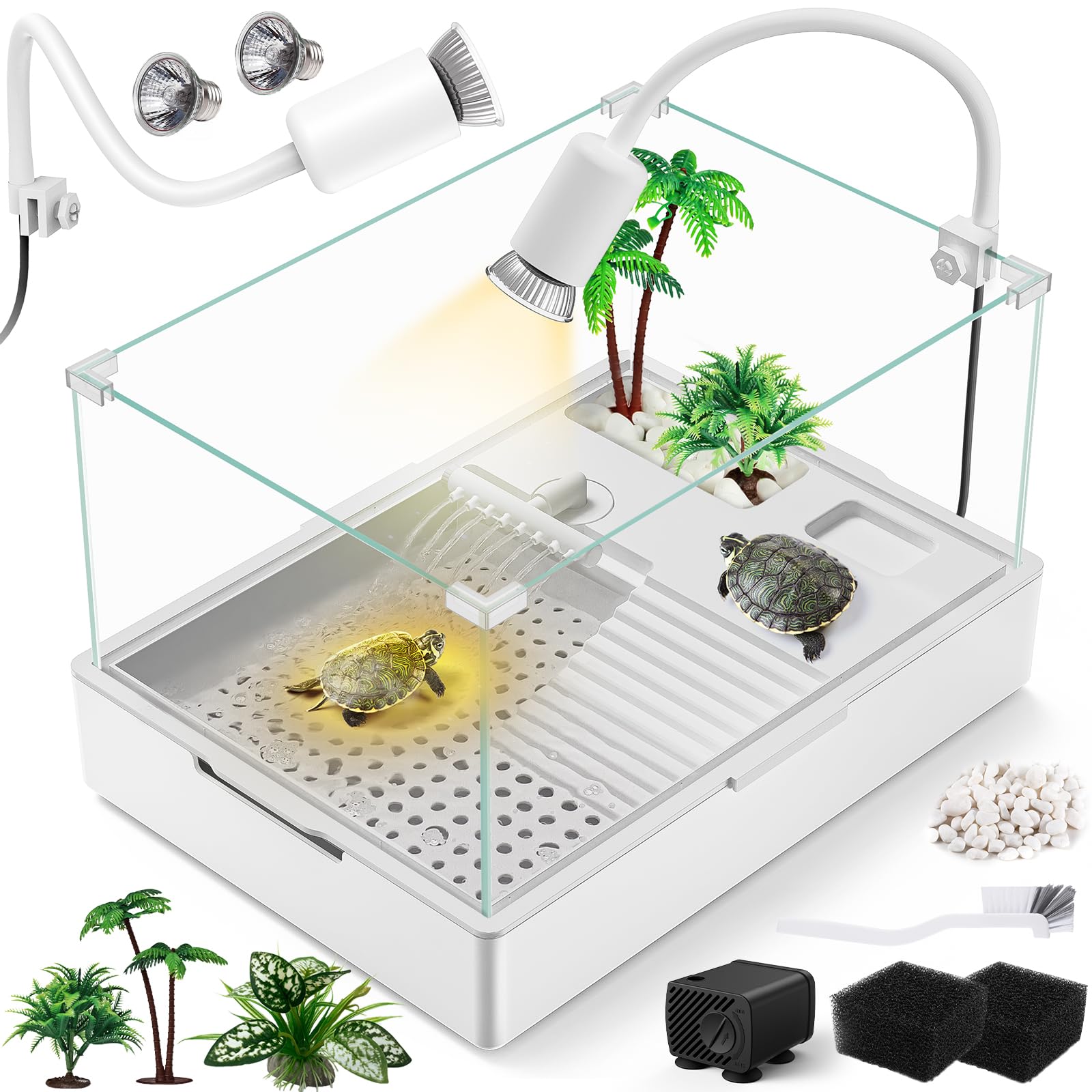 Moonorange Large Turtle Tank Kit(Tank + Light + Water Pump), Acrylic Turtle Tank Starter Kit With Two Rain Shower Head, Adjustab