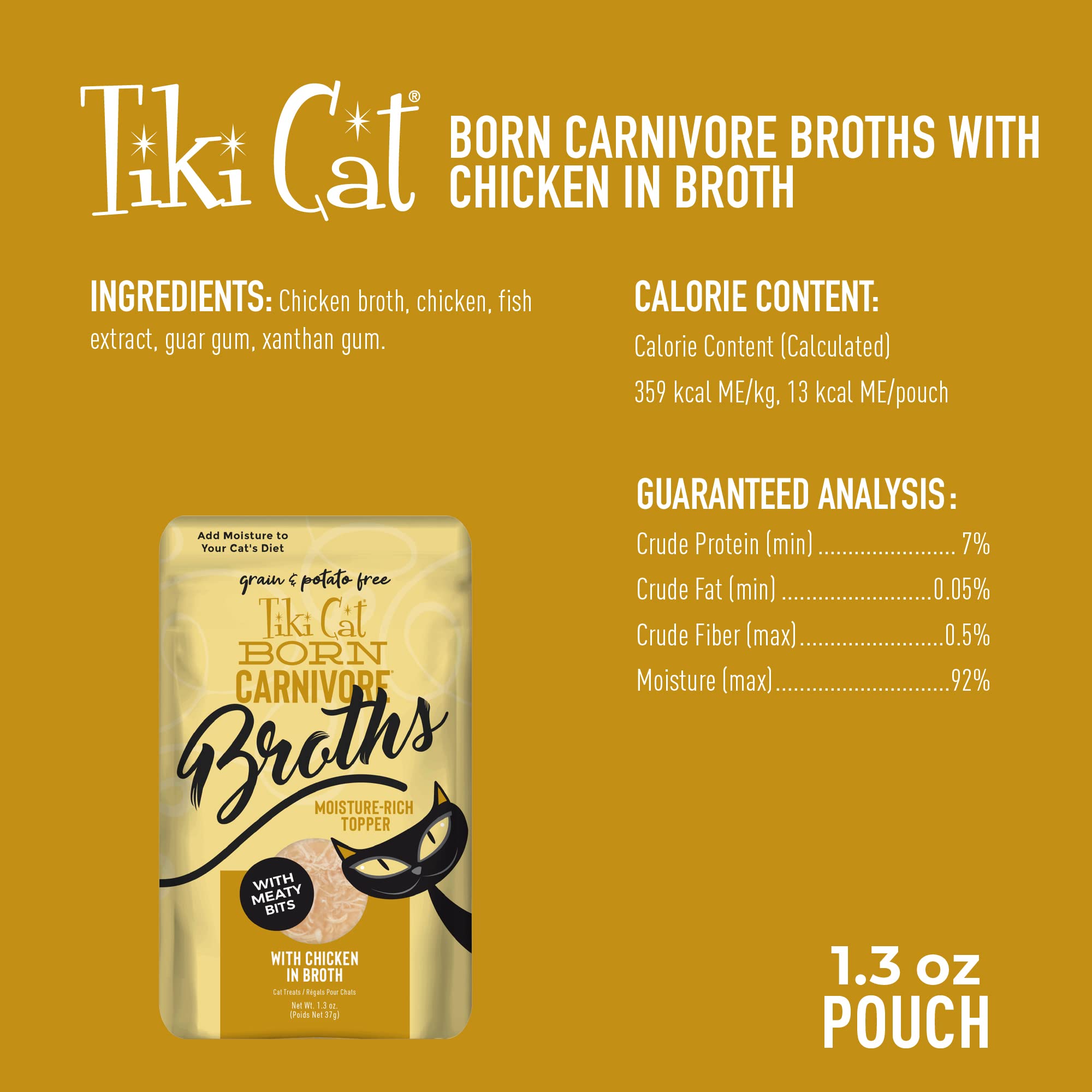 Tiki Cat Born Carnivore Broths, Chicken Recipe, Hydration and Flavor Supplement Cat Food Topper, 1.3 oz. Pouch (12 Count)
