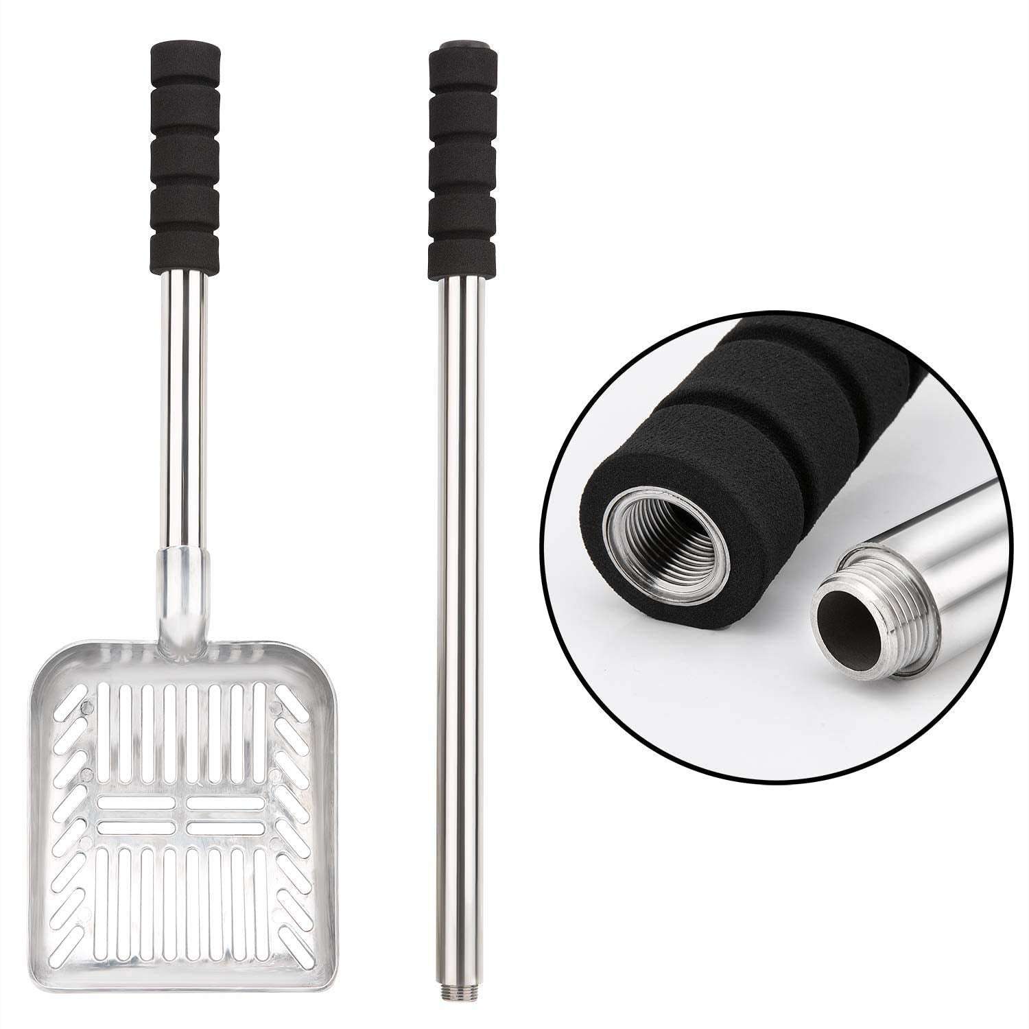 Yangbaga Metal Cat Litter Scoop With Deep Shovel&Long Handle,Detachable Stainless Steel Non-Stick Litter Sifter With Foam Padded Grip, No Bending Back Heavy Duty Cat Litter Scooper (Silver Shovel)