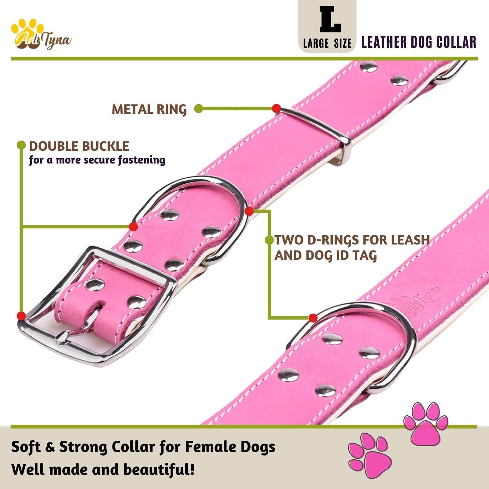 Adityna Heavy Duty Real Leather Dog Collar For Large Dogs - Pink Large Dog Collar - Soft And Strong Thick Dog Collar With Double Metal Buckle