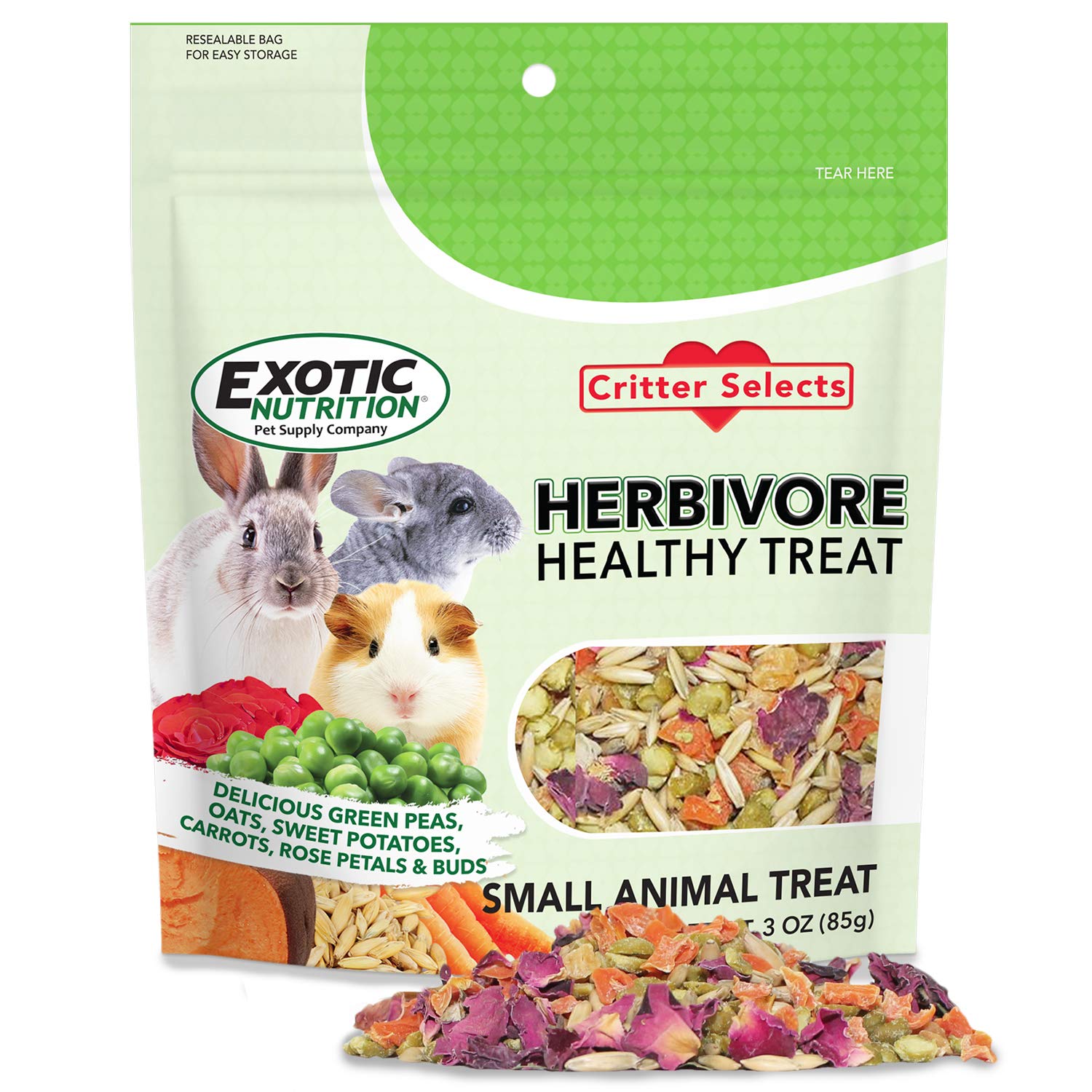 Herbivore Treat (3 oz.) - Healthy Natural Mixed Treat - Sweet Potatoes, Carrots, Green Peas, Oats, Rose Petals - For Chinchillas