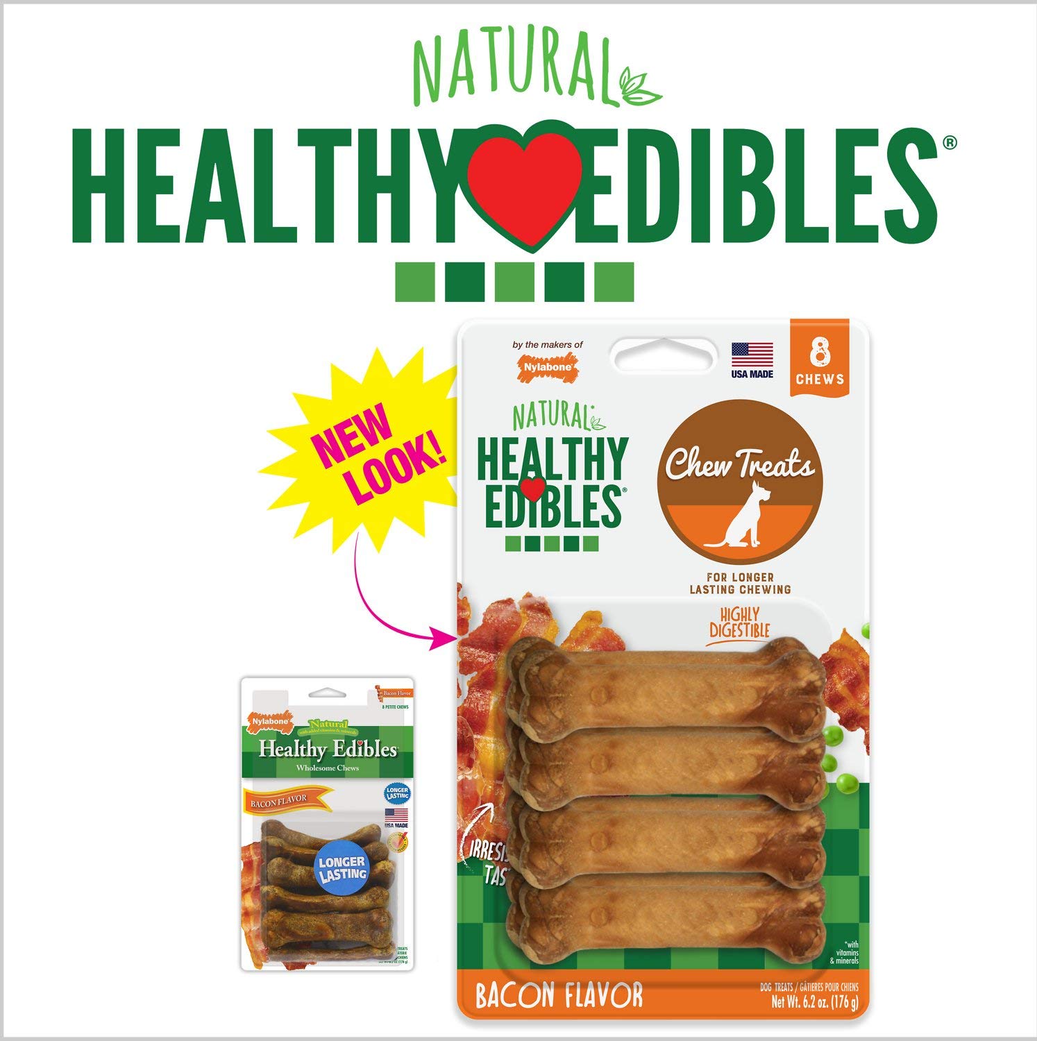 Nylabone Healthy Edibles Long Lasting Chew Treats. (4) 8 Count Pakcs of Bacon Flavor Tereats for X-Small/Petite Dogs. 32 Total T