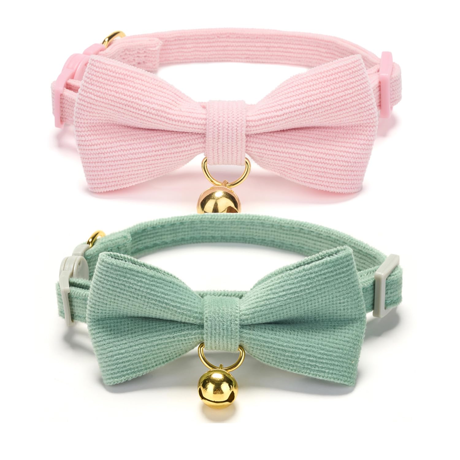 Ewinoom 2 Pack Soft Corduroy Cat Collars With Bow Tie & Bell, Adjustable Breakaway Cotton Kitty Bowtie Collar For Female Male Ca