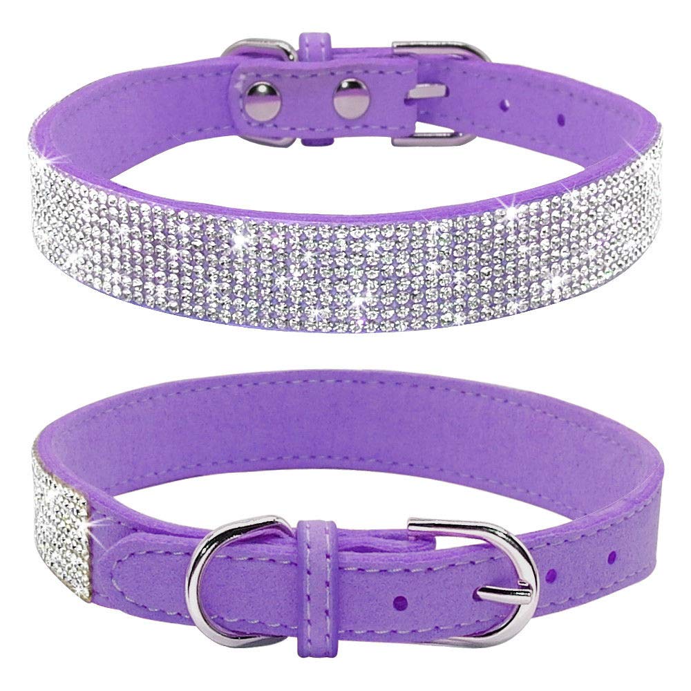 Haoyueer Rhinestone Dog Collar, Cute Dazzling Sparkling Soft Suede Leather Dog Cat Rhinestone Collar Crystal Diamond Pet Dog Puppy Collar(Purple,L Fit Neck 38-46 Cm)