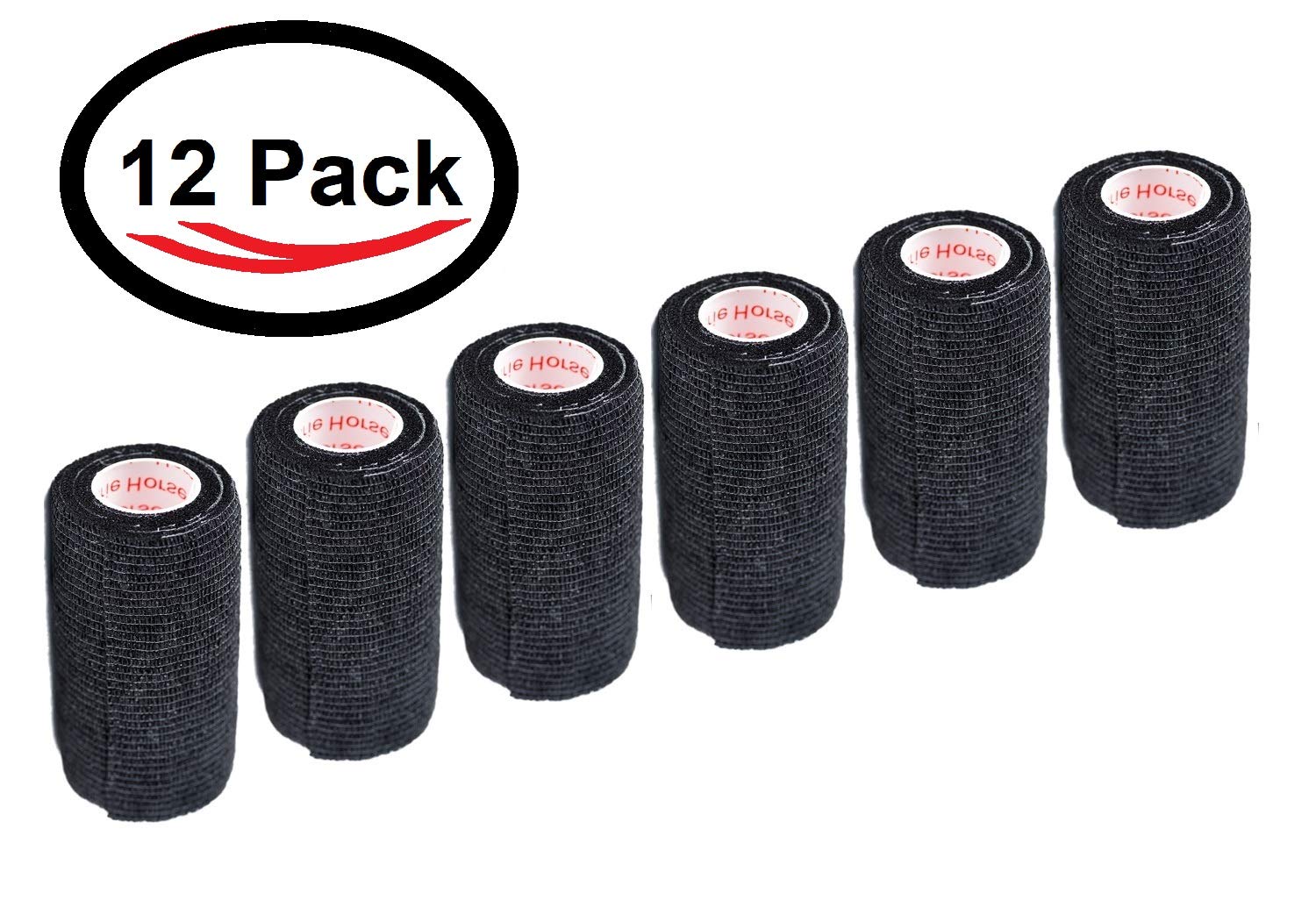 4 Inch Vet Wrap Tape Bulk (Black) (Pack of 12) Self Adhesive Adherent Adhering Flex Bandage Grip Roll for Dog Cat Pet Horse