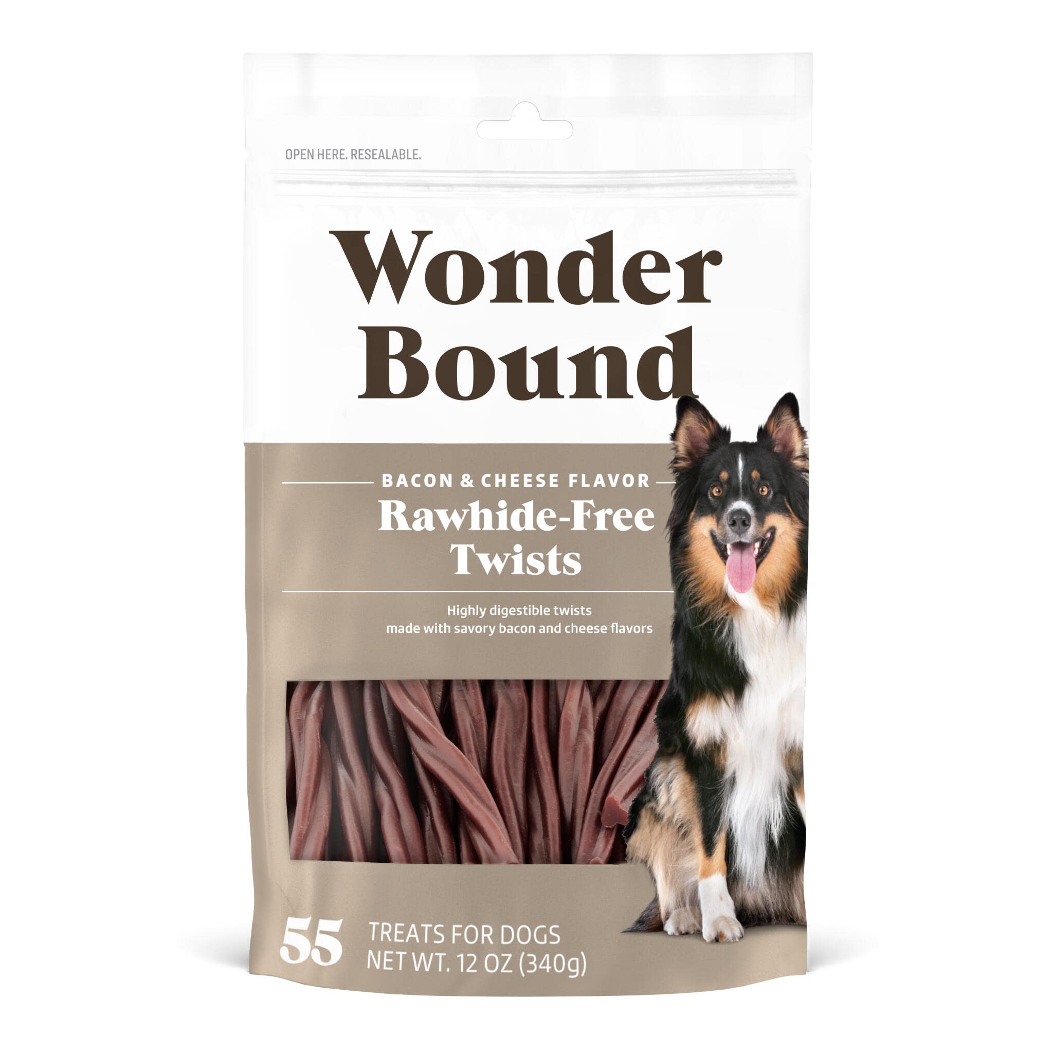 Wonder Bound Bacon & Cheese Flavor Dog Twist Sticks - 55 Count - Rawhide-Free Dog Treats, Dental Health Chews for Plaque & Tarta