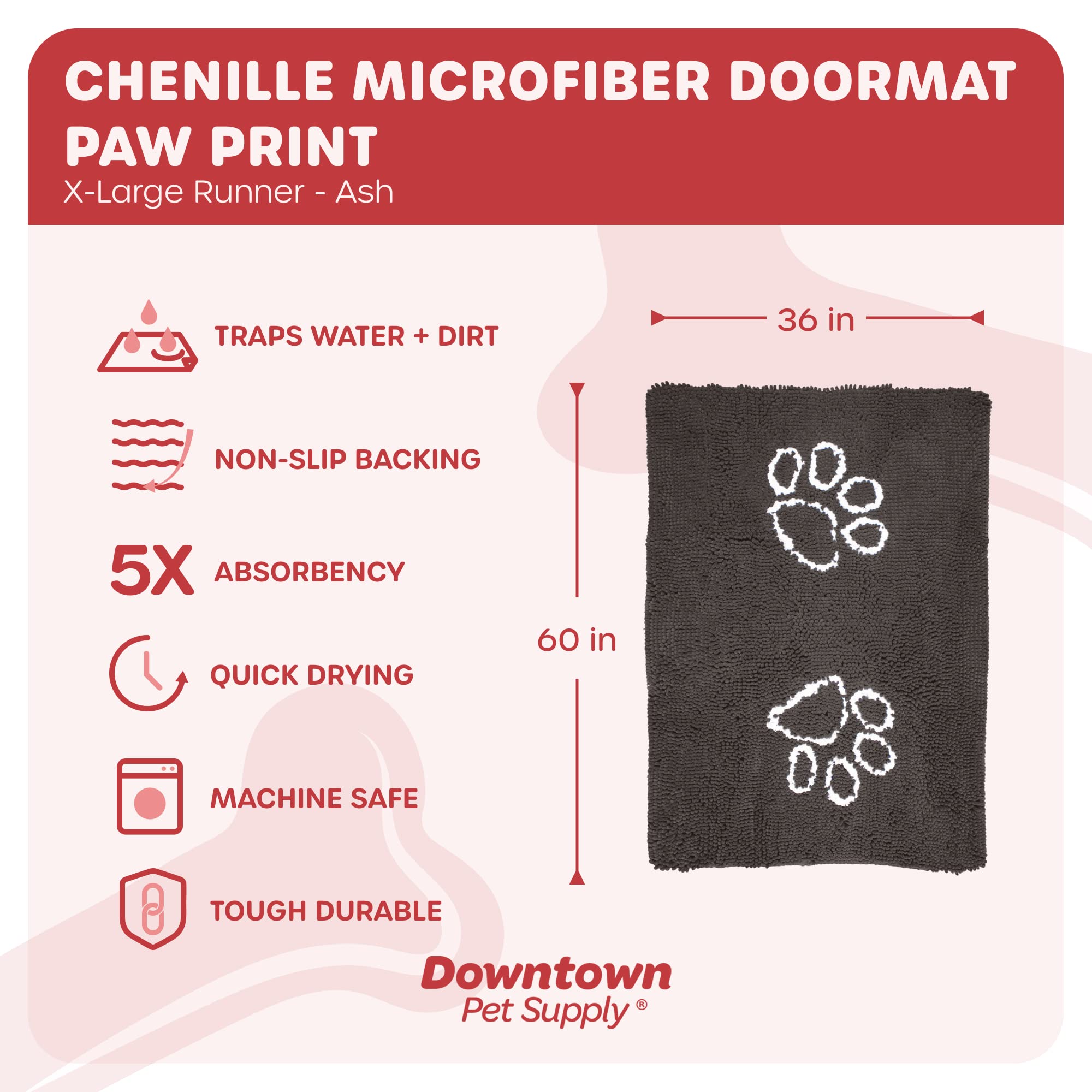 My Doggy Place Microfiber Dog Mat for Muddy Paws, 60 x 36 Ash with Paw Print - Non-Slip, Absorbent and Quick-Drying Dog Paw Clea