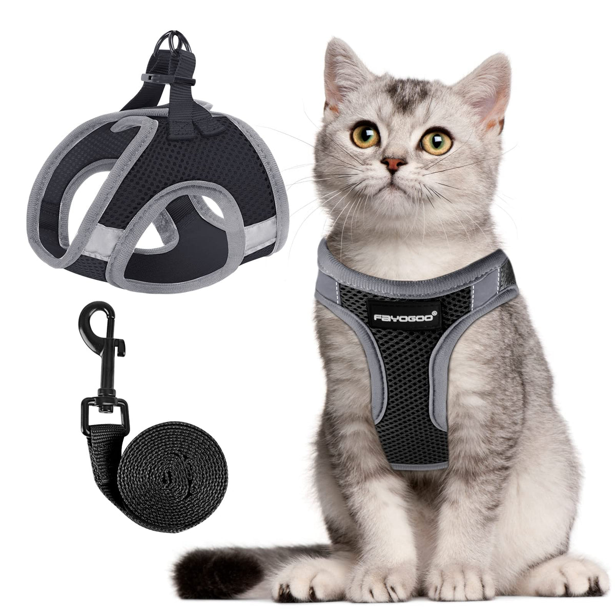 Fayogoo Cat Harness And Leash Set, Escape Proof, Adjustable, Small/Large, Lightweight, Soft Vest, Black