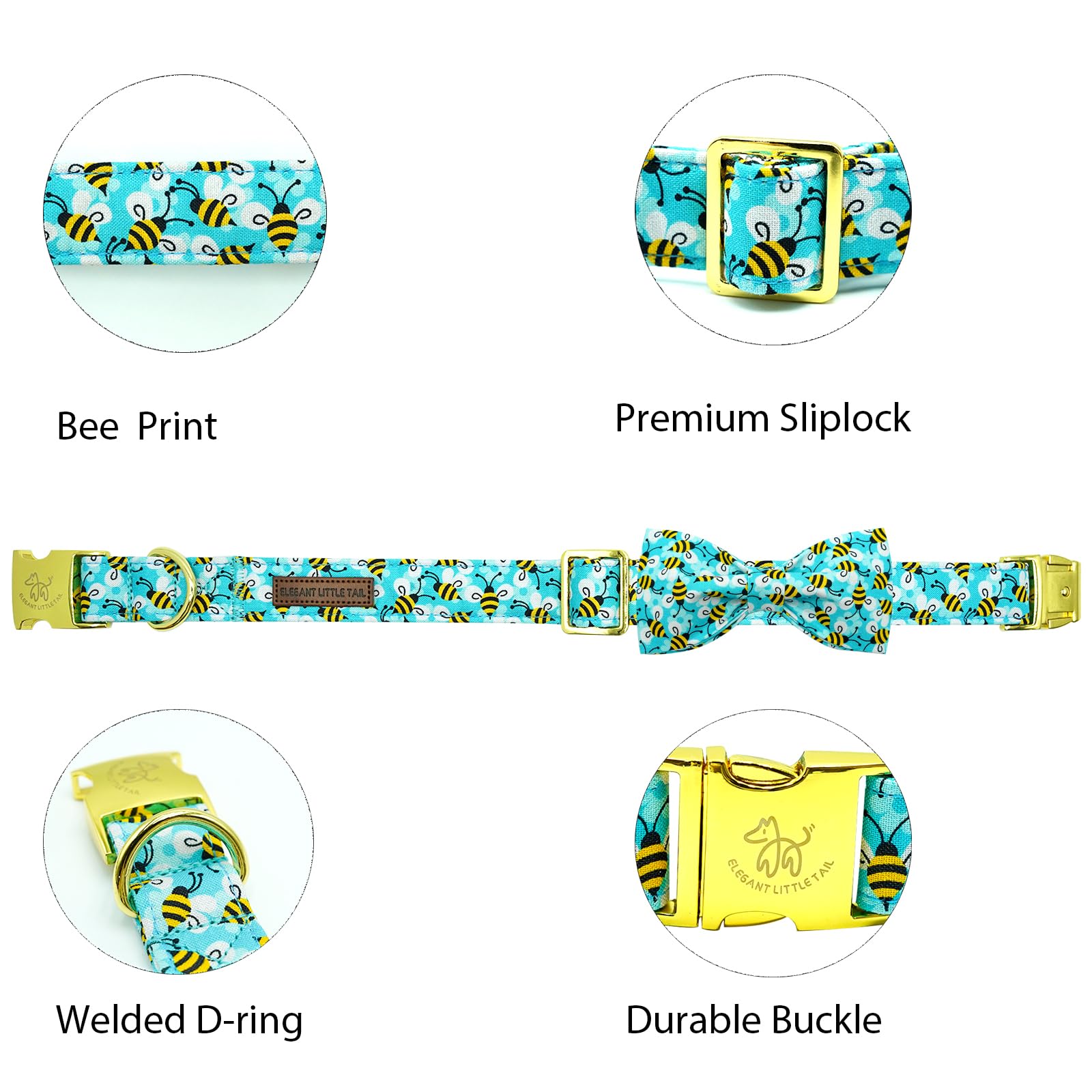 Elegant little tail Dog Collar, Blue Bees Print Dog Collar with Bow Tie Summer Dog Collar Pet Collar Boy Girl Cute Bowtie Collar