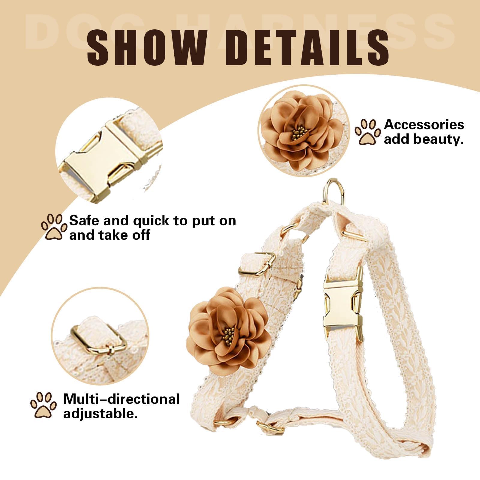 Hqrea White Dog Harness And Leash Set Adjustable Lace Harness For Girl Dogs Luxury Dog Harness No Pull With Handle & Bow Flowers
