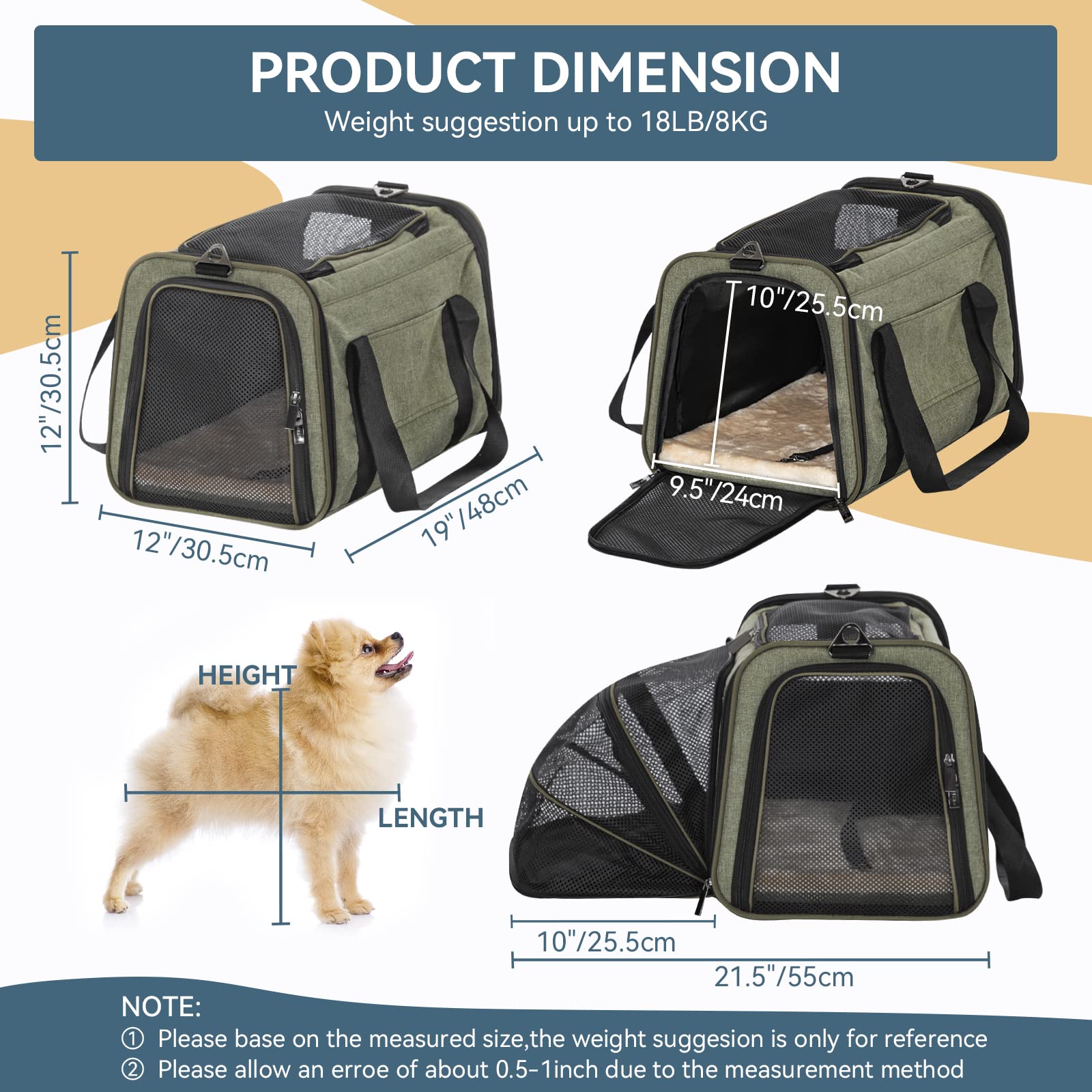 Petsfit Expandable Cat Carrier Dog Carrier, Soft-Sided Collapsible Portable Pet Carrier, 19X12X12, Green
