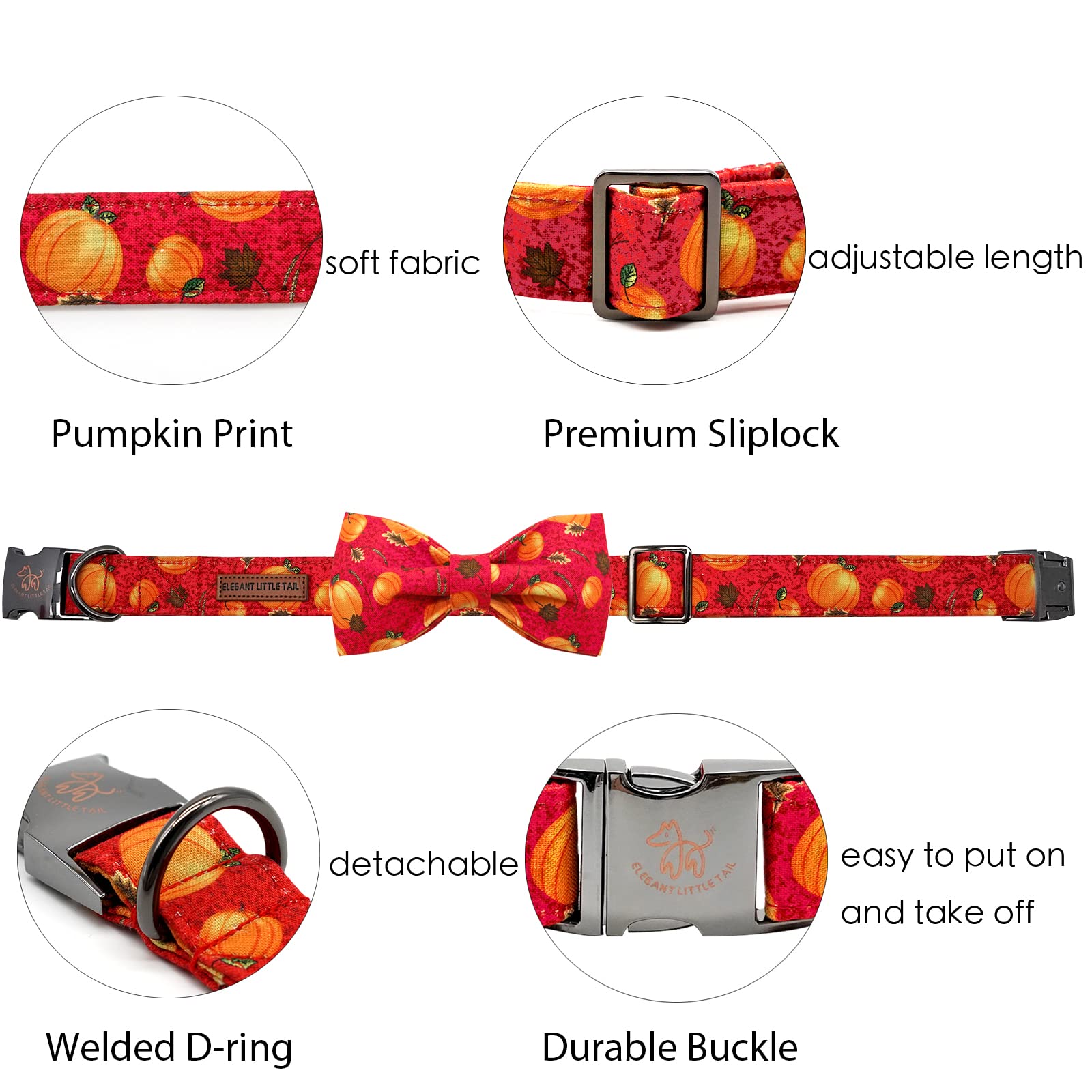 Elegant Little Tail Dog Collar With Bow - Fall Dog Collar Halloween Pumpkin Bow Girl Boy Pet Collar Soft Dog Bowtie Collars For X-Large Dogs