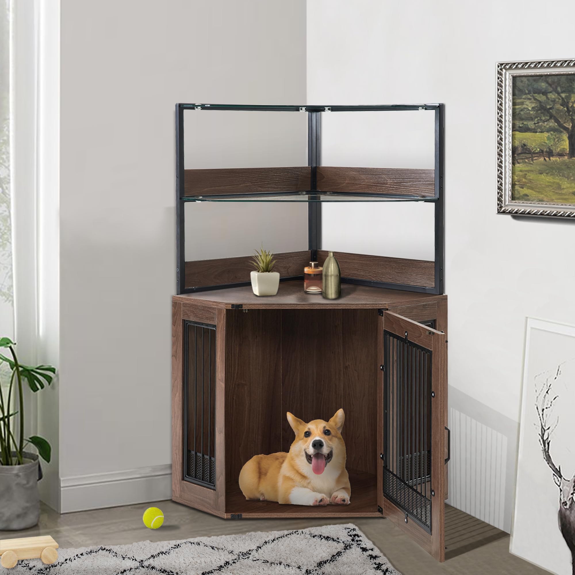 MCombo Small Corner Dog Crate Furniture with Glass Shelves, Wooden Dog Kennel Furniture with Door, Pet Crate Indoor Use, CN17 (B